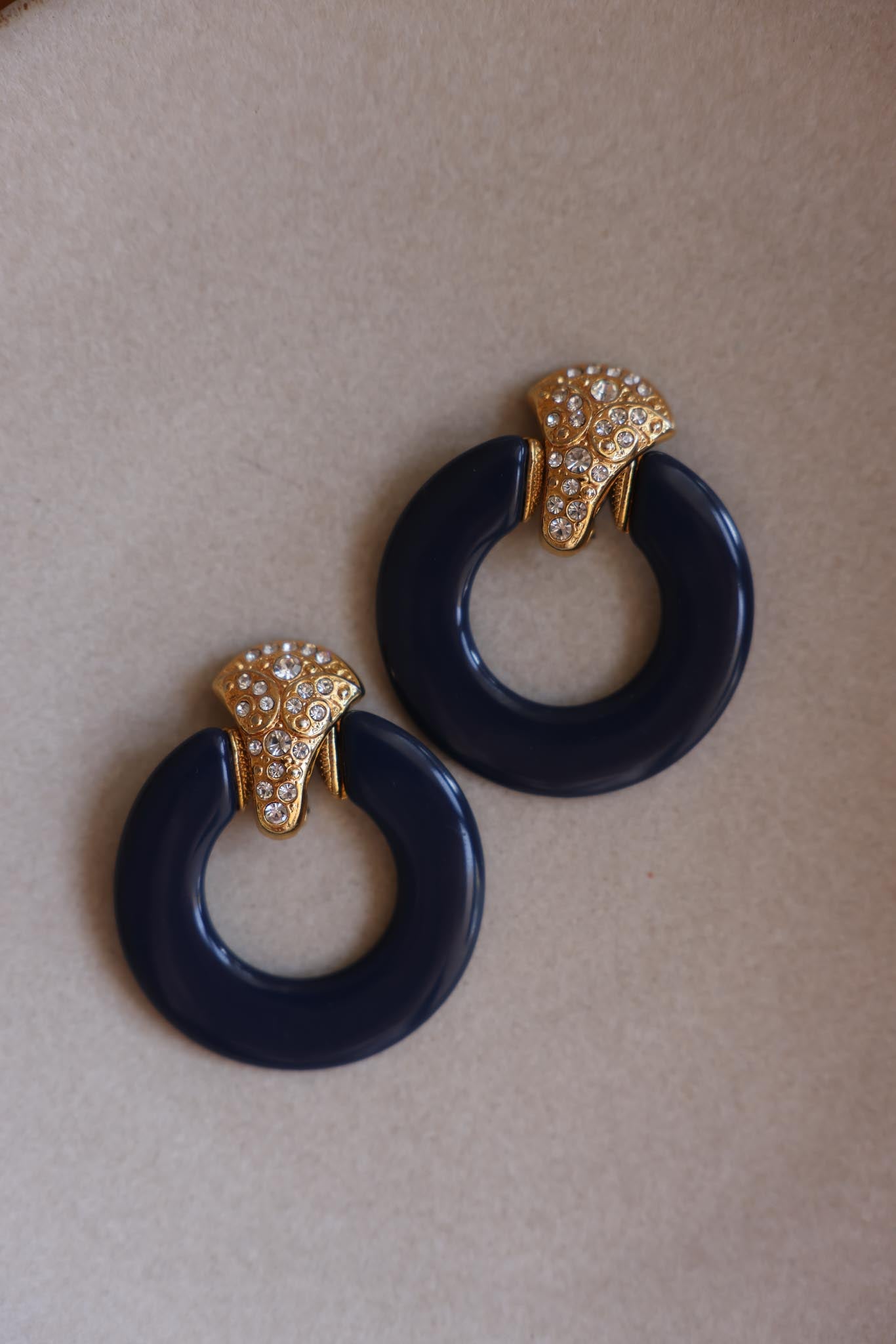 Navy & Gold Clip-On Hoop Earrings with Rhinestone Detail|Vintage Baazaar 