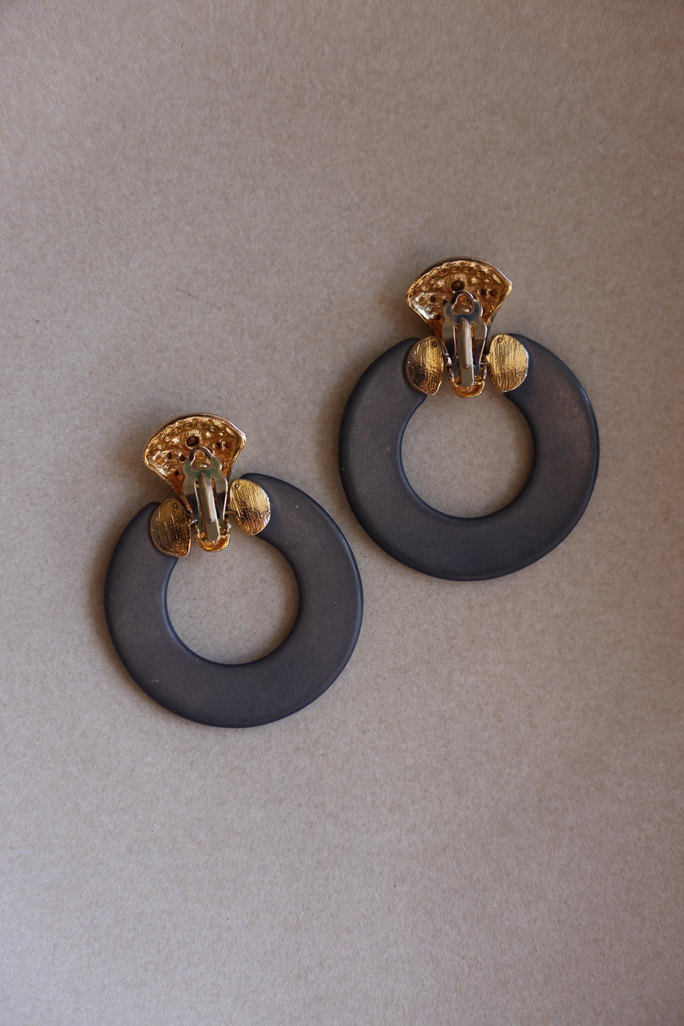 Navy & Gold Clip-On Hoop Earrings with Rhinestone Detail|Vintage Baazaar 