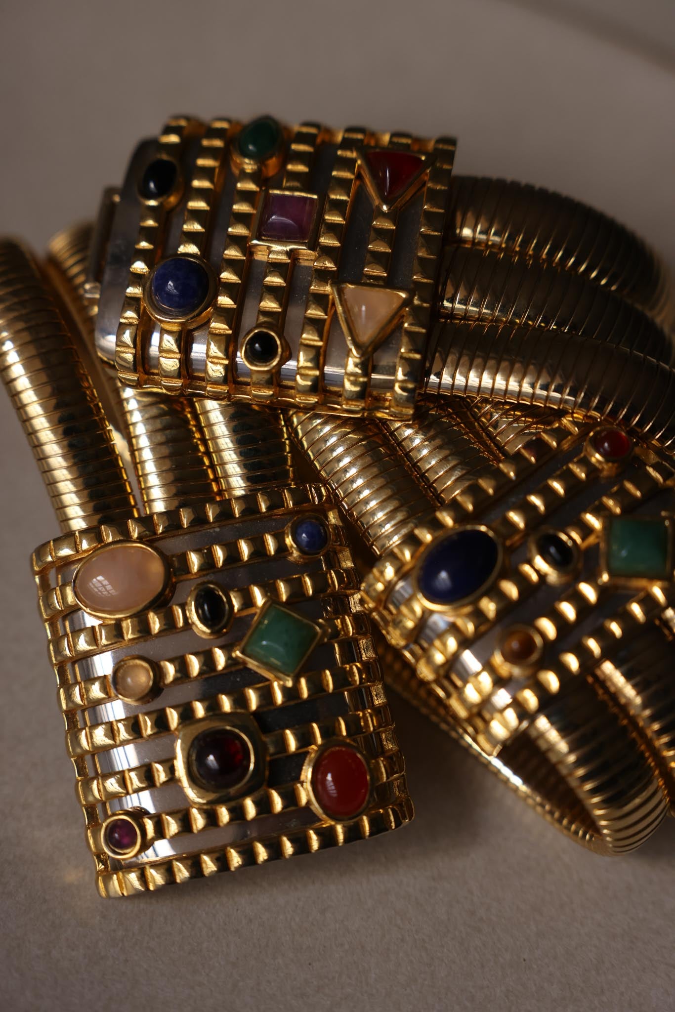 1990s Judith Leiber Triple Strand Gilt Belt with Semi-Precious Cabochon Gems