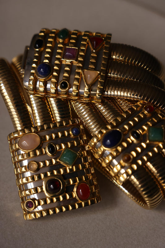 1990s Judith Leiber Triple Strand Gilt Belt with Semi-Precious Cabochon Gems
