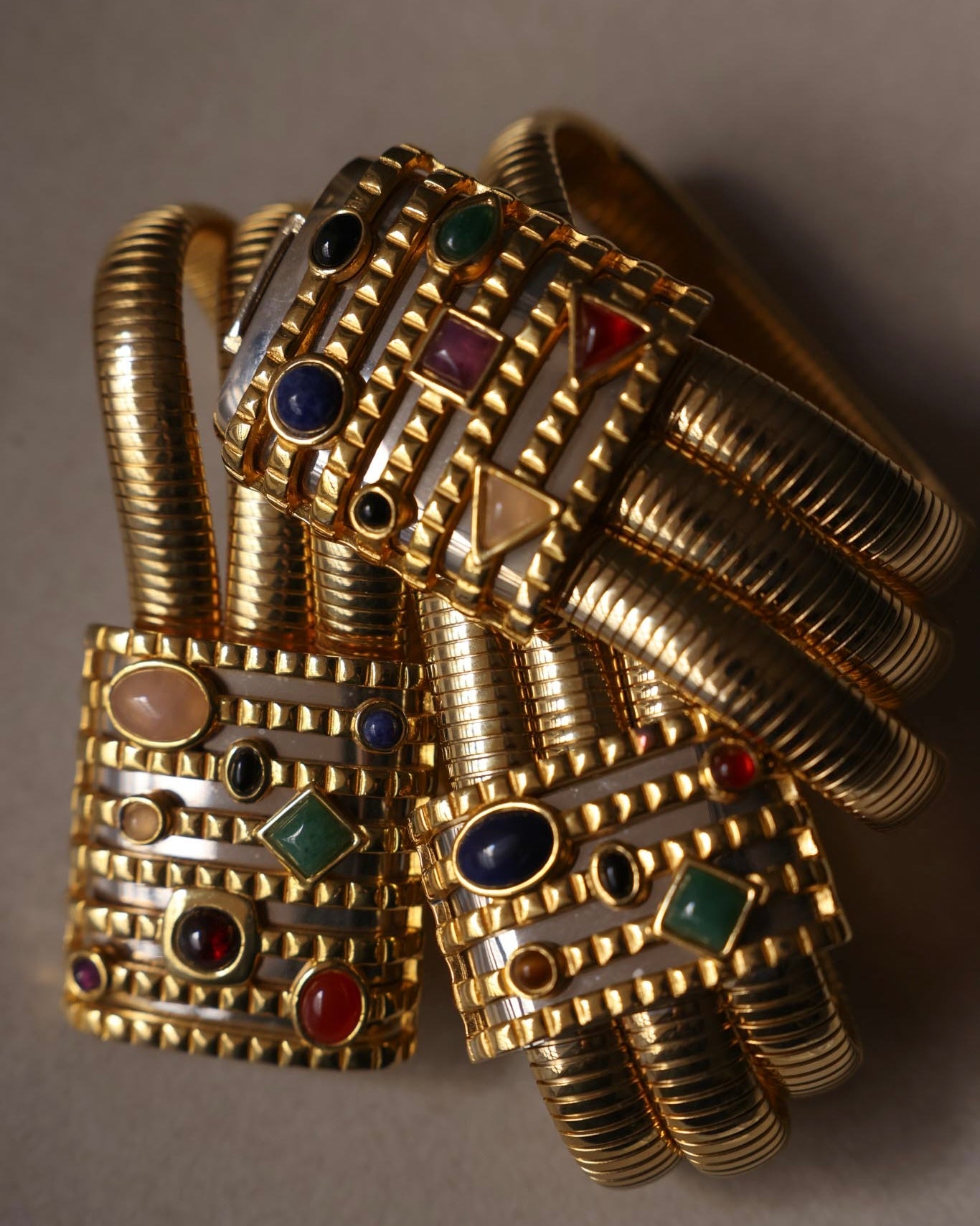 1990s Judith Leiber Triple Strand Gilt Belt with Semi-Precious Cabochon Gems