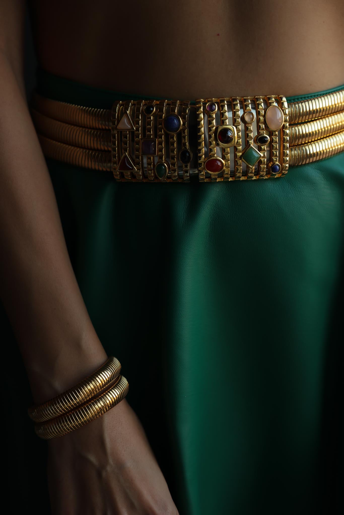 1990s Judith Leiber Triple Strand Gilt Belt with Semi-Precious Cabochon Gems