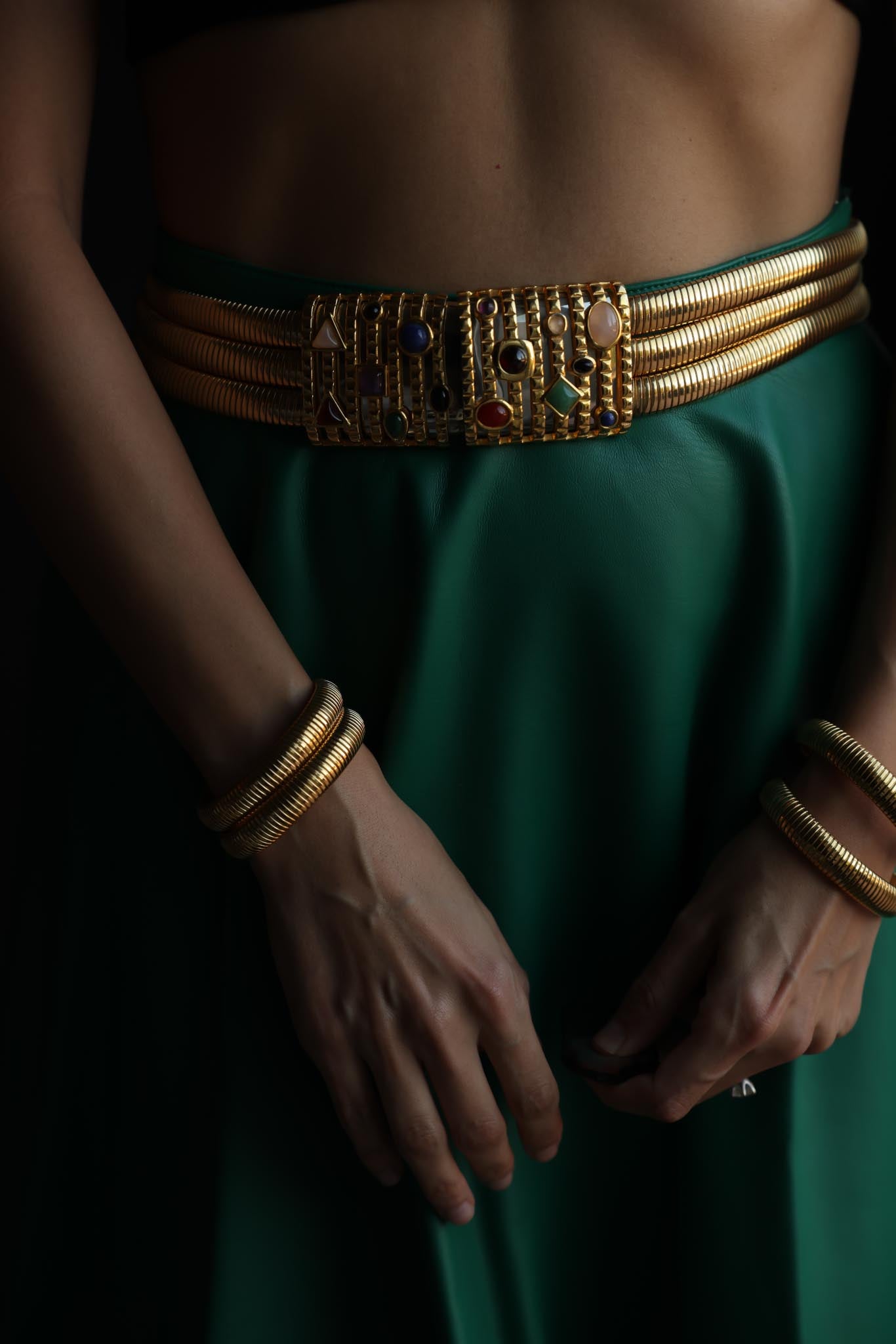 1990s Judith Leiber Triple Strand Gilt Belt with Semi-Precious Cabochon Gems