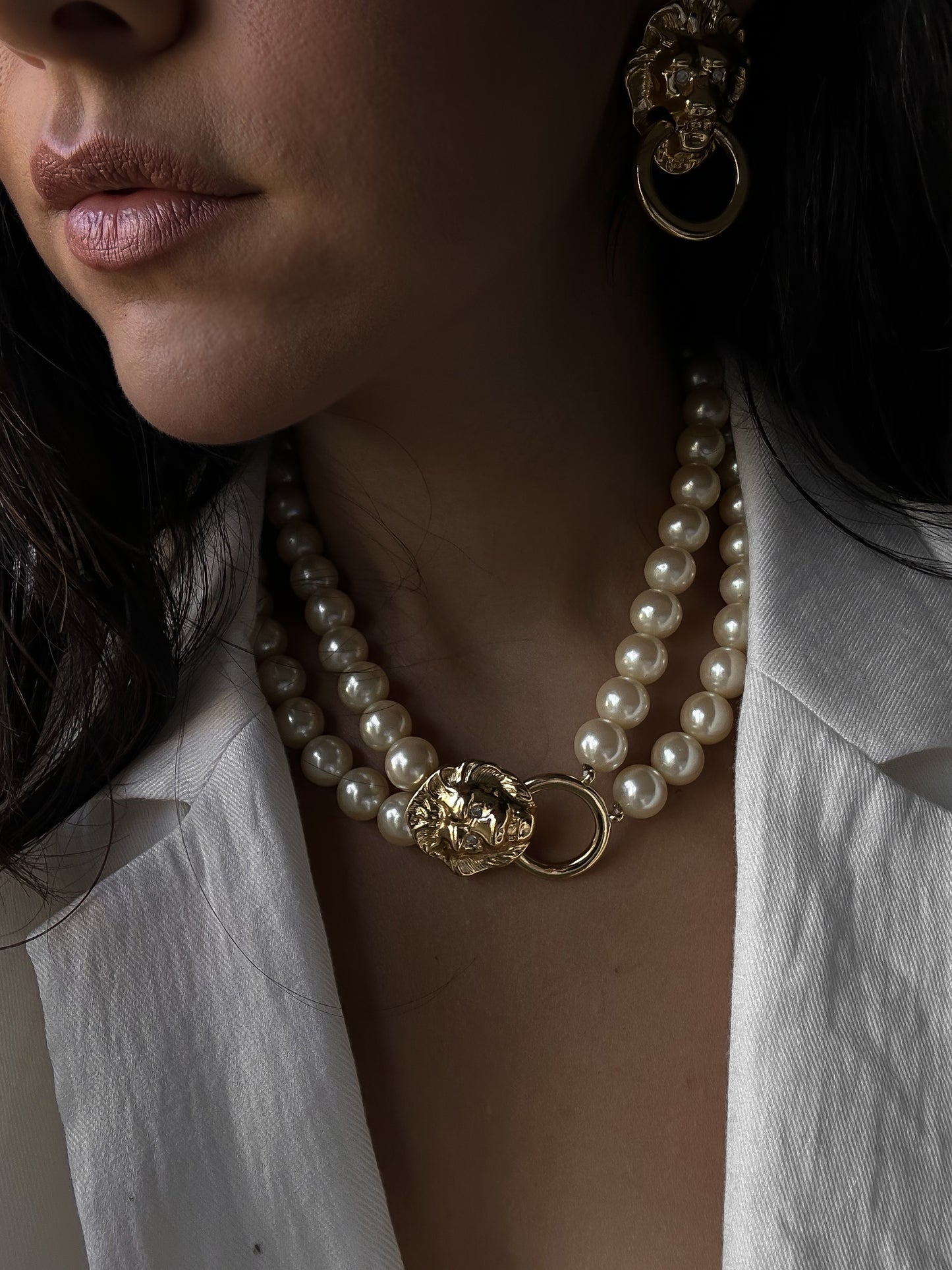 KJL for Avon Lion Door Knocker Faux Pearl  Necklace and Earrings|Vintage Baazaar 