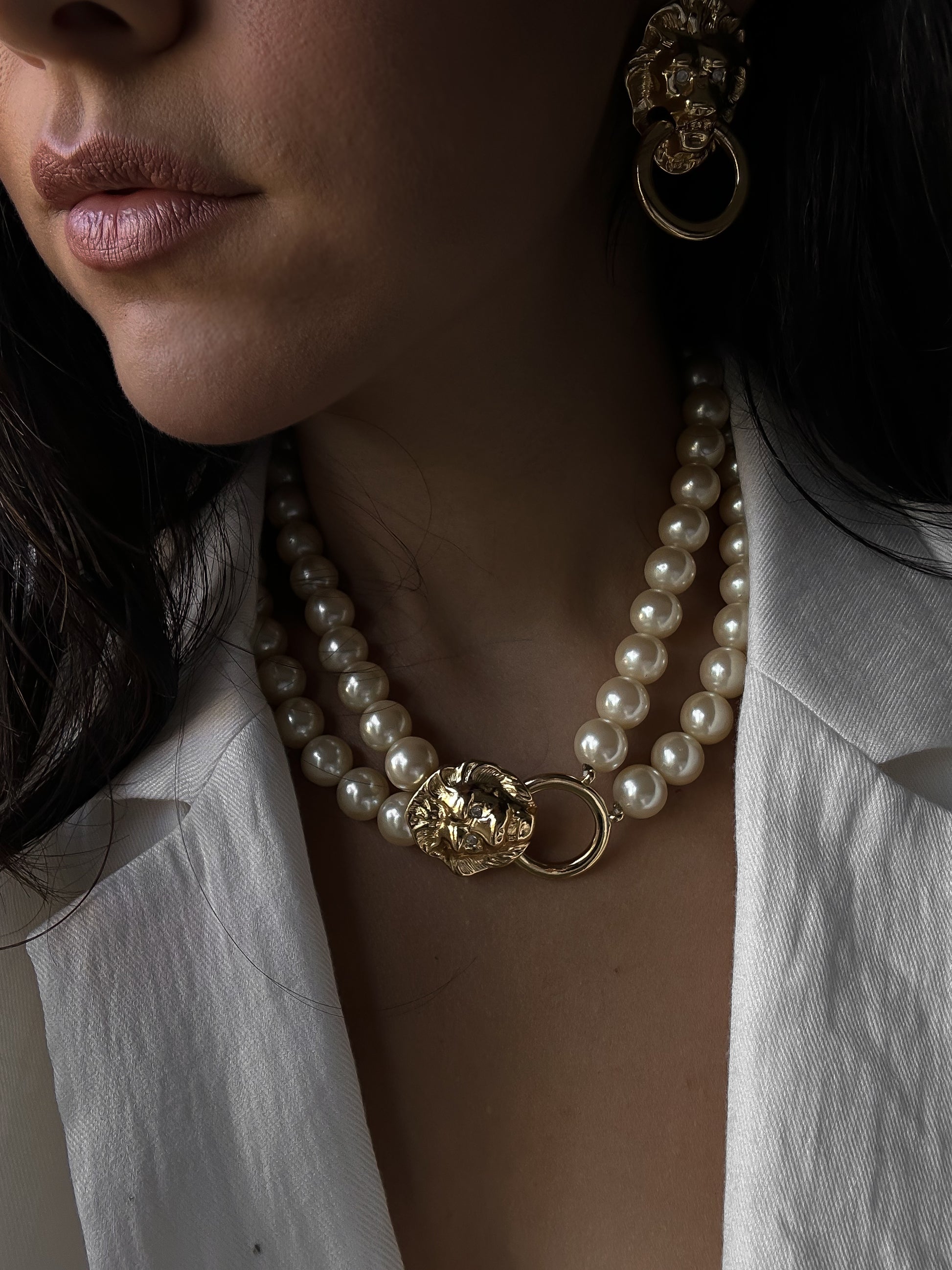 KJL for Avon Lion Door Knocker Faux Pearl  Necklace and Earrings|Vintage Baazaar 