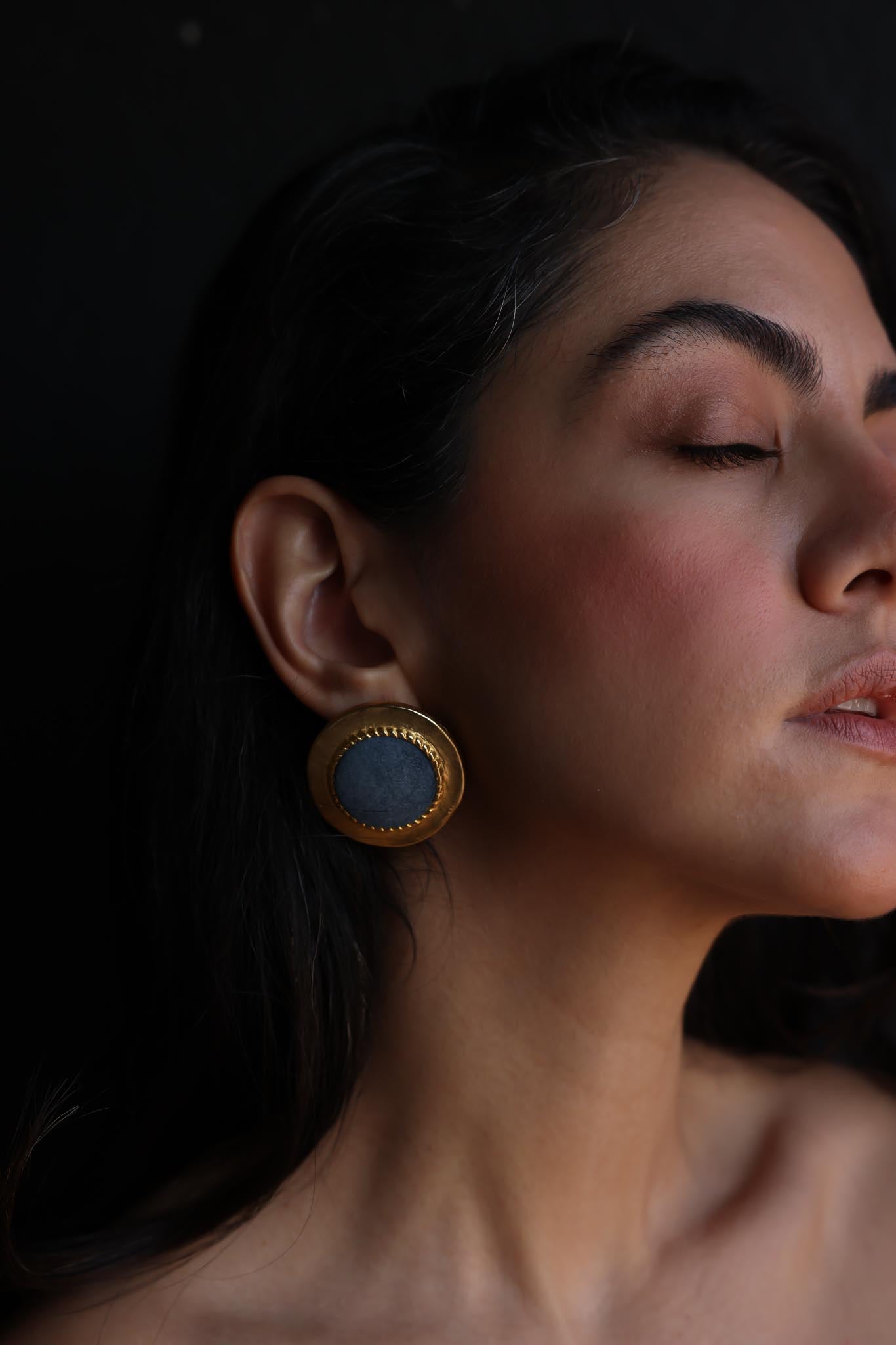 Matte Gold and Blue Suede Pierced Earrings|Vintage Baazaar 