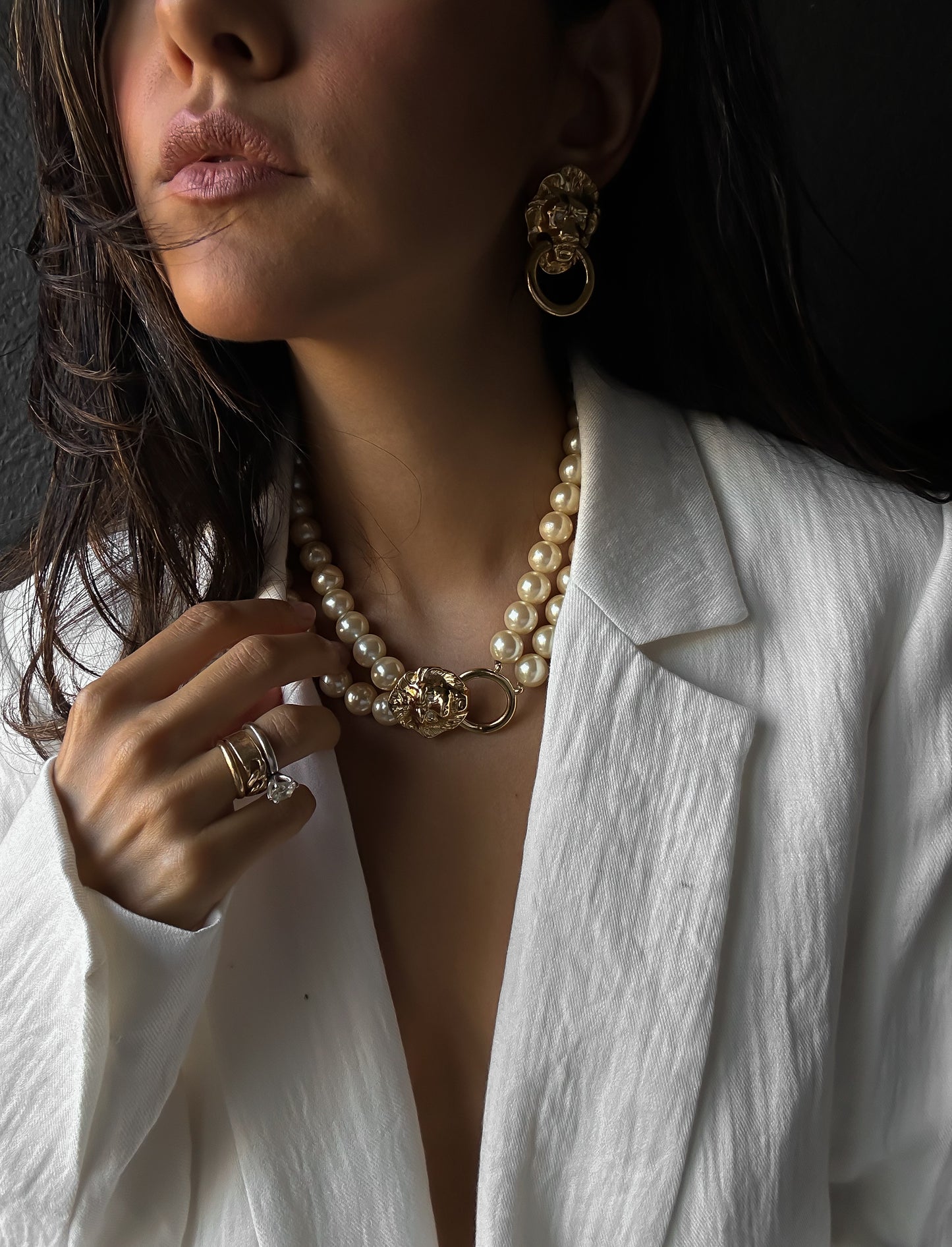 KJL for Avon Lion Door Knocker Faux Pearl  Necklace and Earrings|Vintage Baazaar 