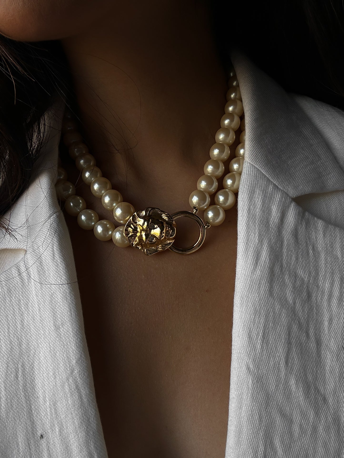KJL for Avon Lion Door Knocker Faux Pearl  Necklace and Earrings|Vintage Baazaar 