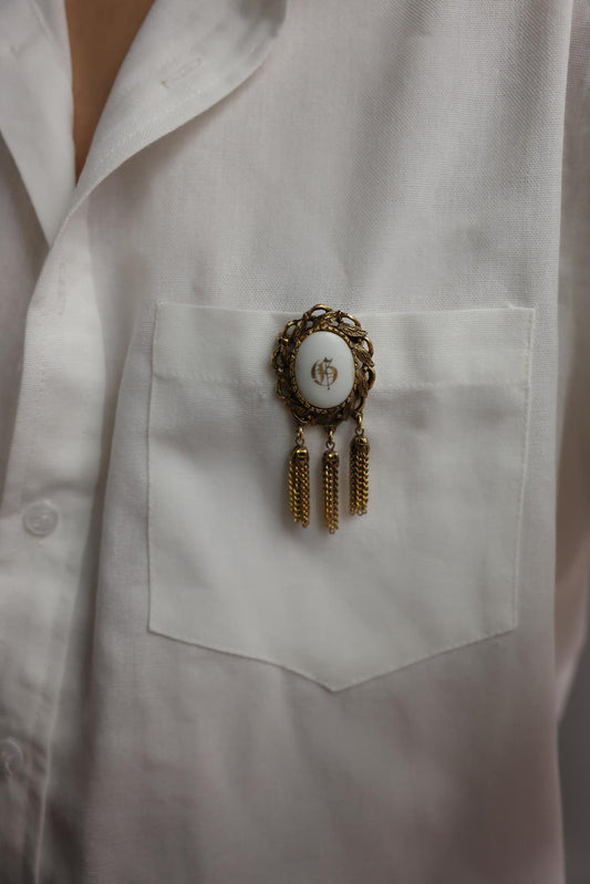 Gold Tone Monogram Tassel Brooch