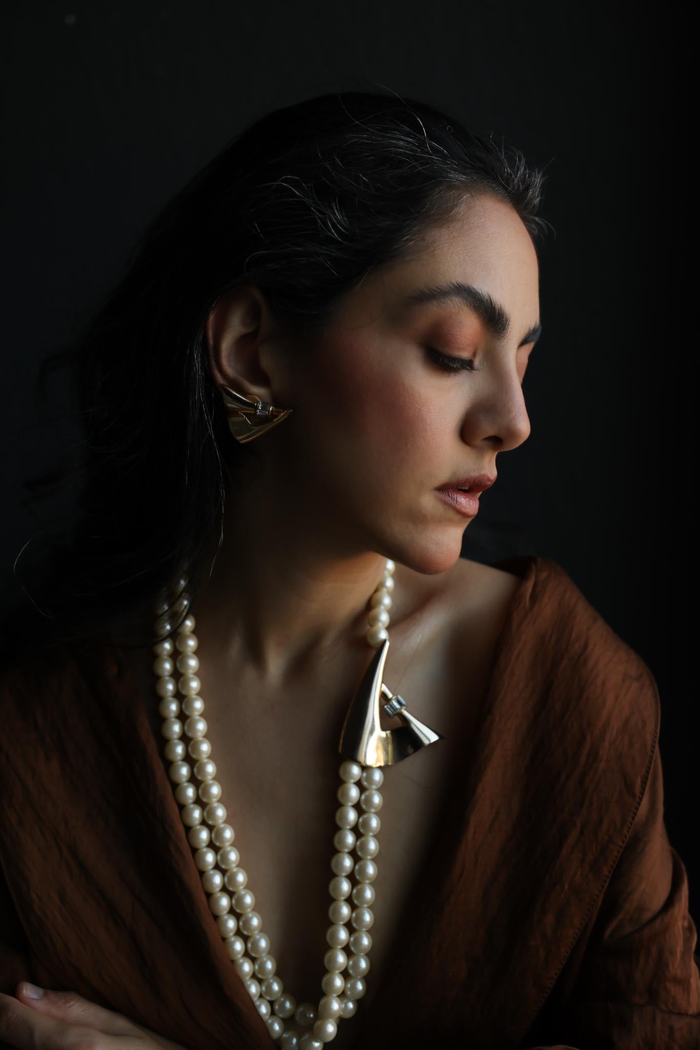 Gold-Tone Faux Pearl Necklace and Earrings Set with Clear Rhinestones