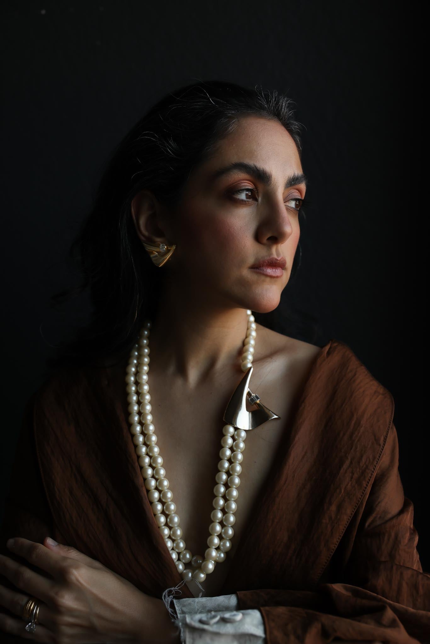 Gold-Tone Faux Pearl Necklace and Earrings Set with Clear Rhinestones