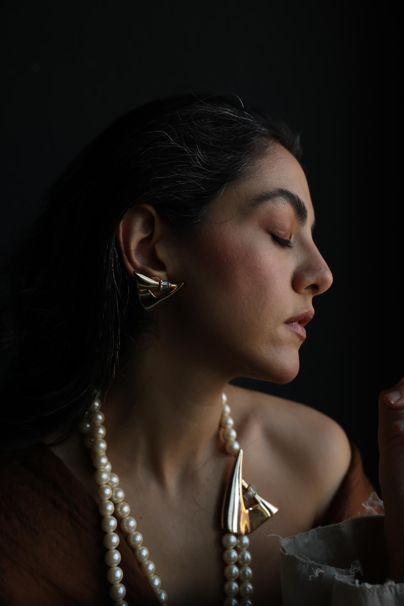 Gold-Tone Faux Pearl Necklace and Earrings Set with Clear Rhinestones