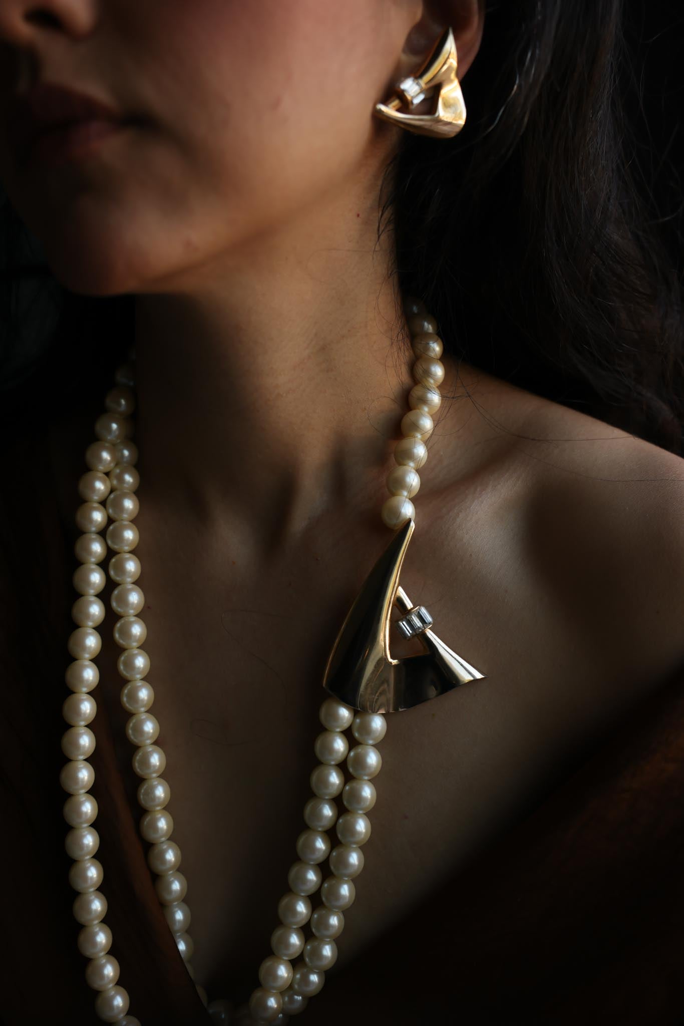 Gold-Tone Faux Pearl Necklace and Earrings Set with Clear Rhinestones