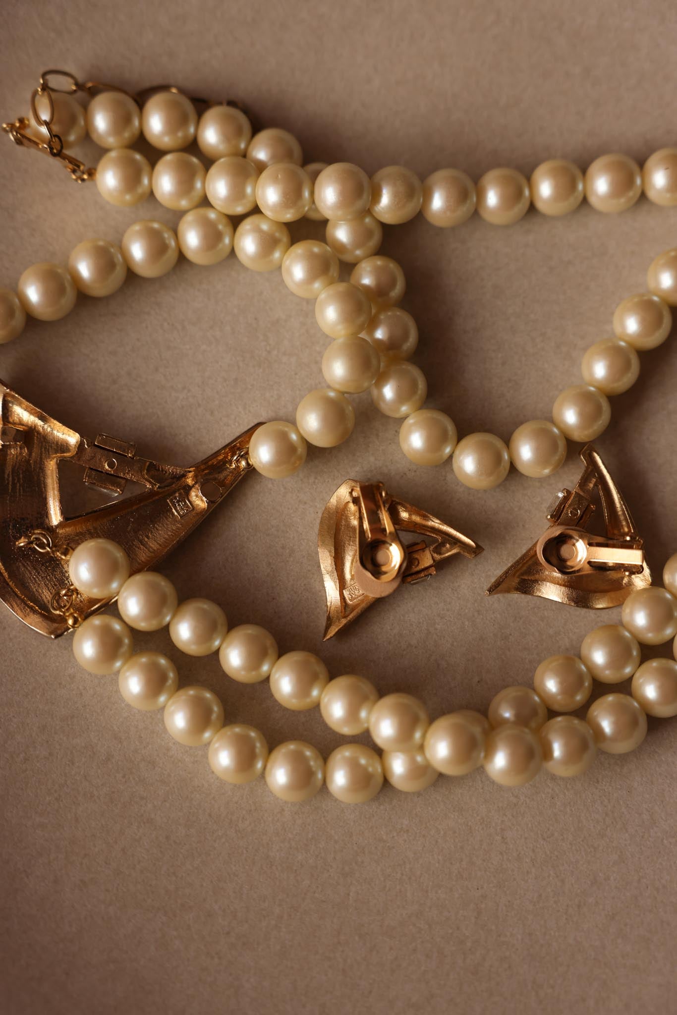 Gold-Tone Faux Pearl Necklace and Earrings Set with Clear Rhinestones