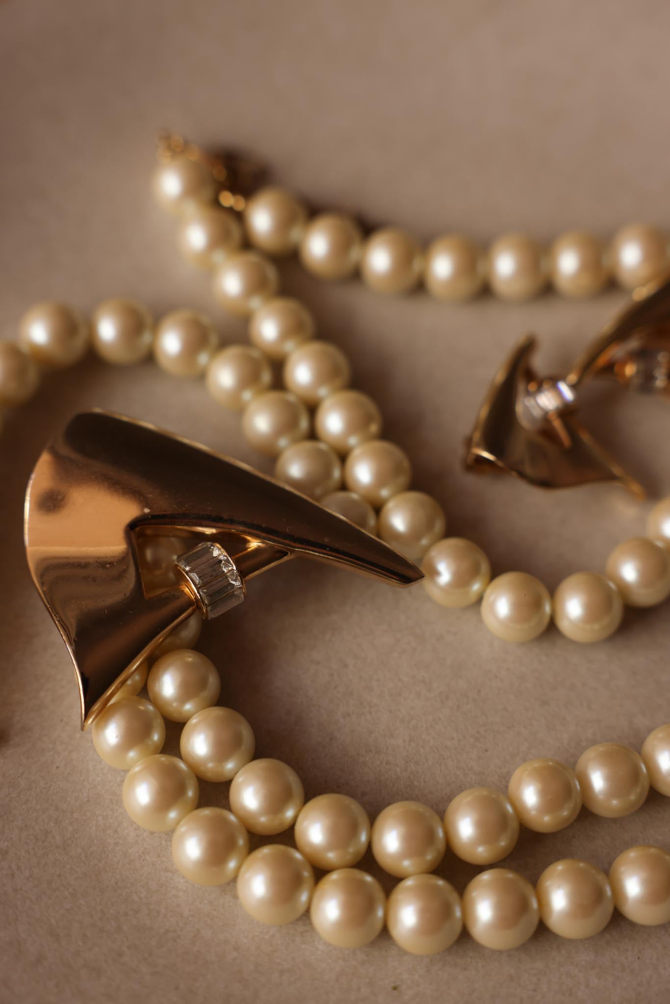 Gold-Tone Faux Pearl Necklace and Earrings Set with Clear Rhinestones