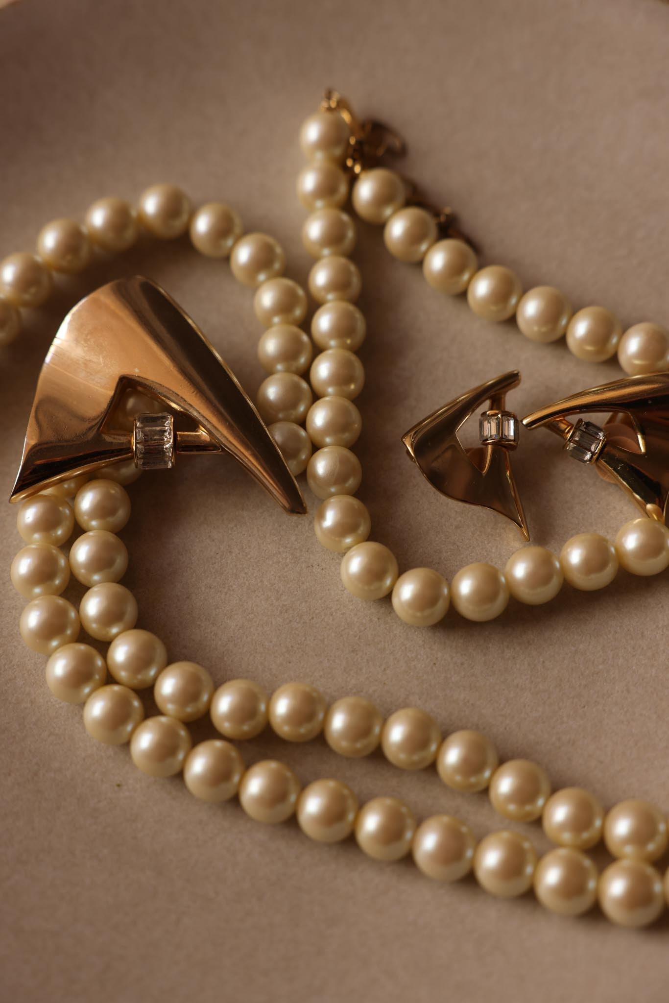 Gold-Tone Faux Pearl Necklace and Earrings Set with Clear Rhinestones