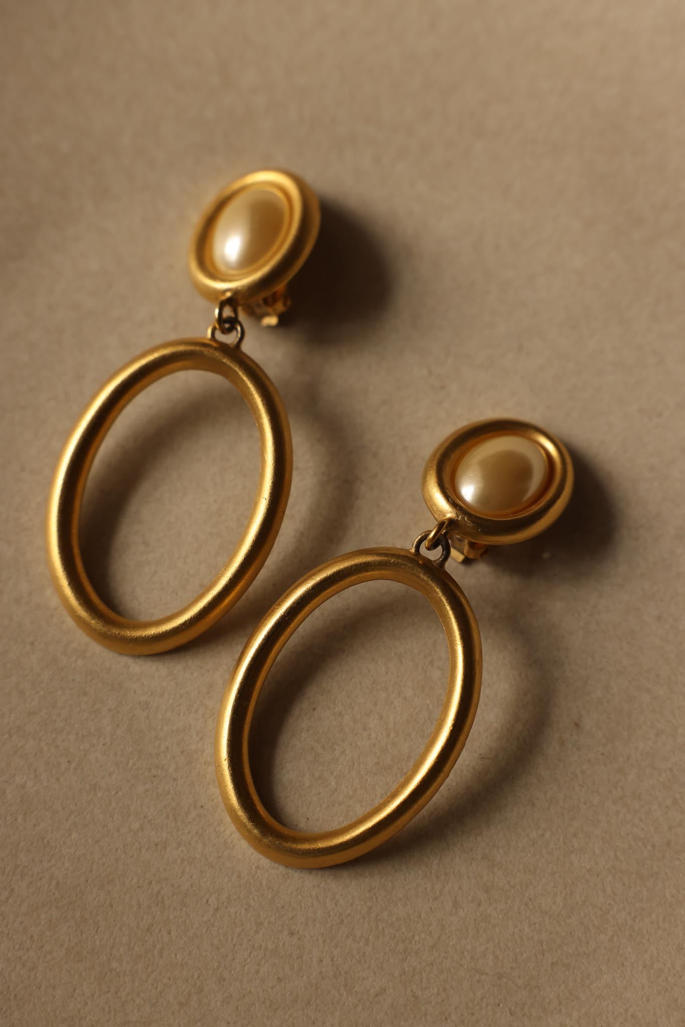 Matte Gold Oval Drop Clip-On Earrings with Faux Pearls|Vintage Baazaar 