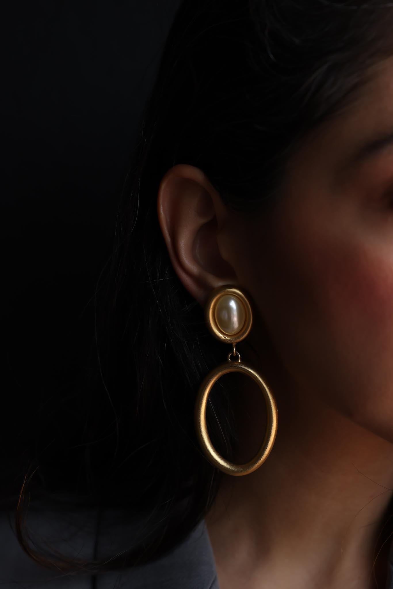 Matte Gold Oval Drop Clip-On Earrings with Faux Pearls|Vintage Baazaar 