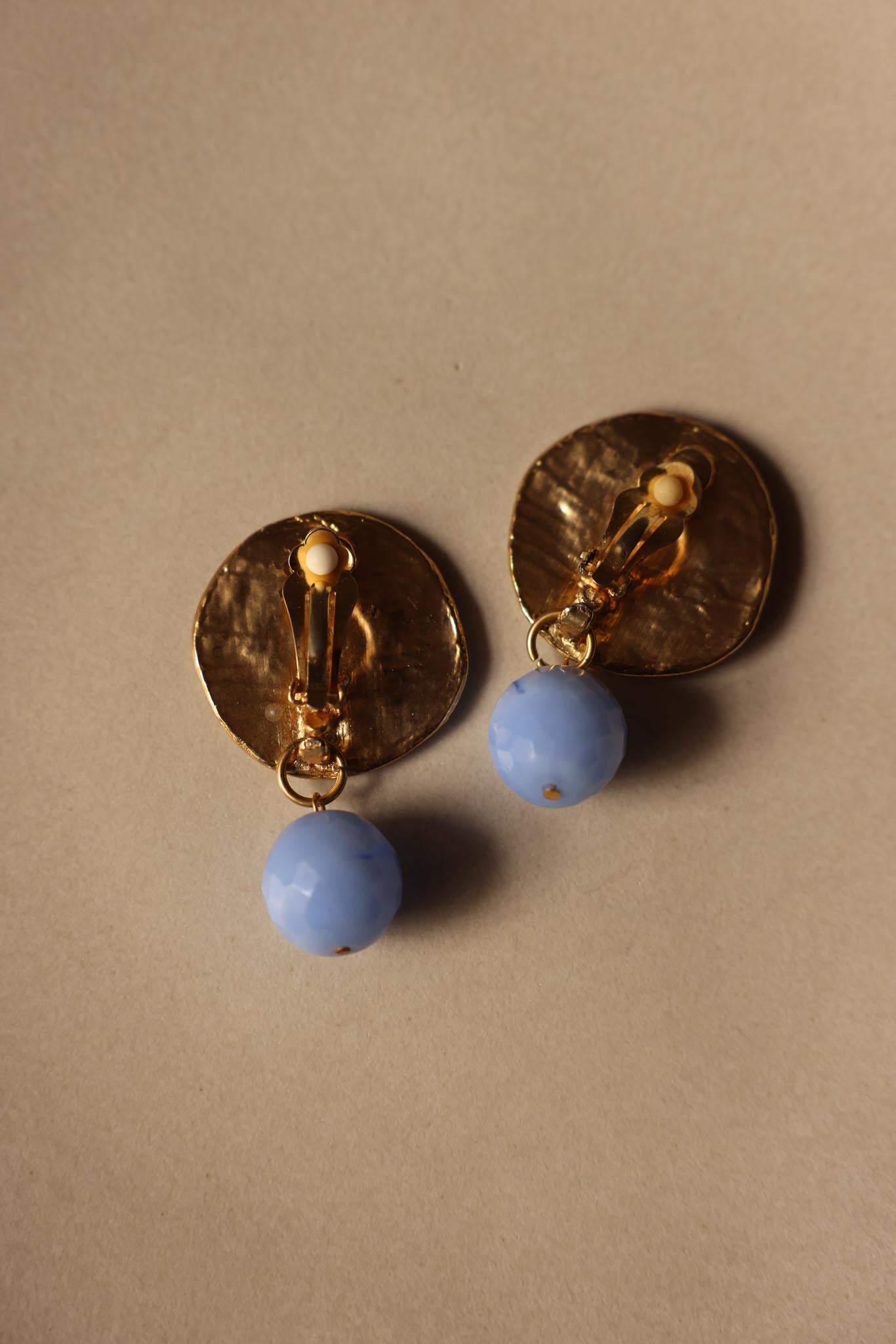 Matte Gold Blue Drop Clip-On Earrings