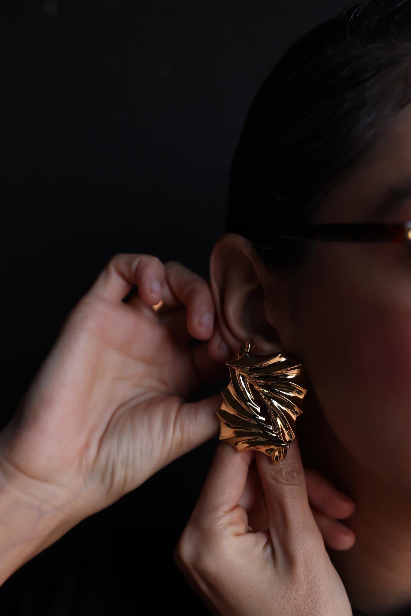 Gold-Tone Sculptural Pierced Earrings|Vintage Baazaar 