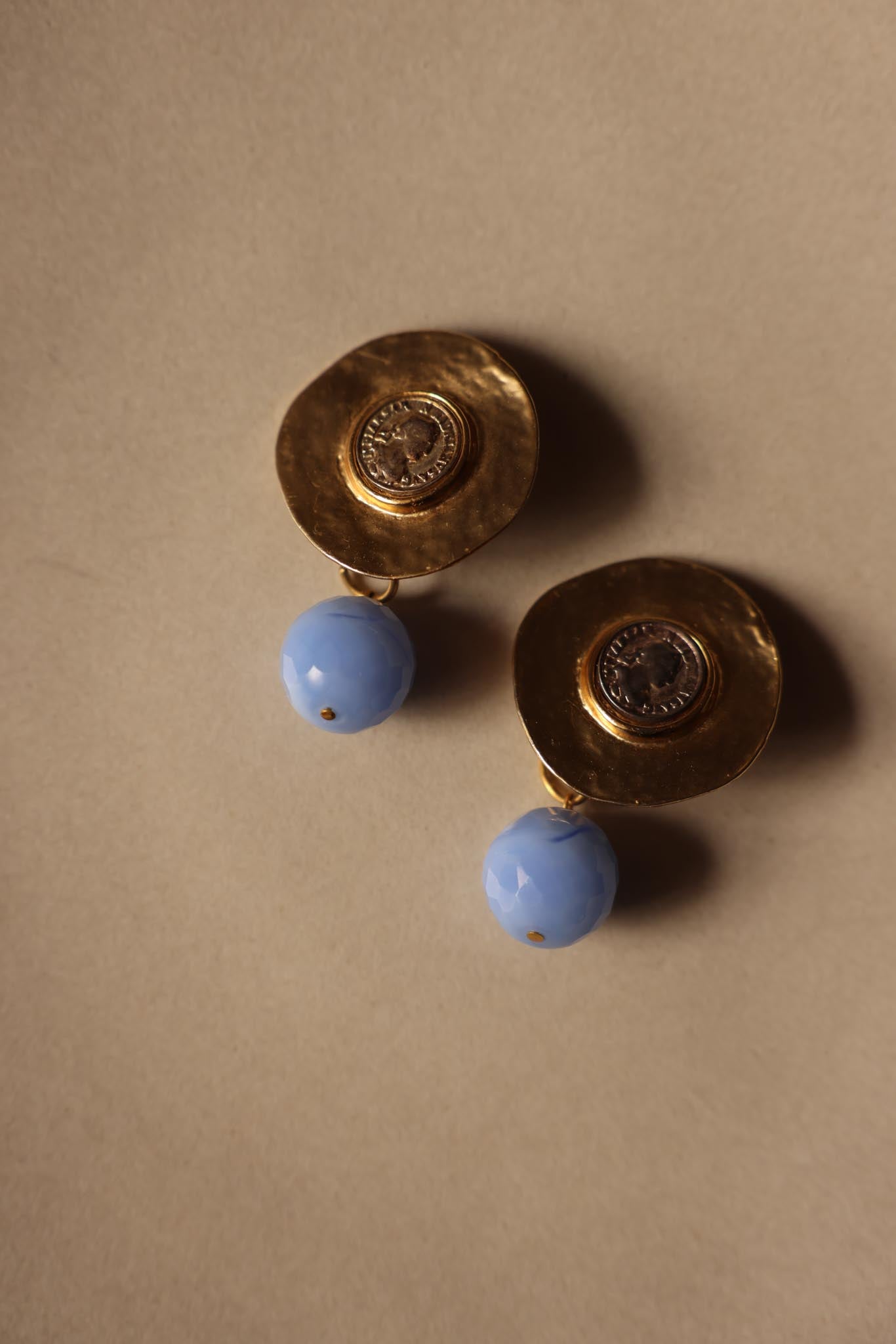 Matte Gold Blue Drop Clip-On Earrings