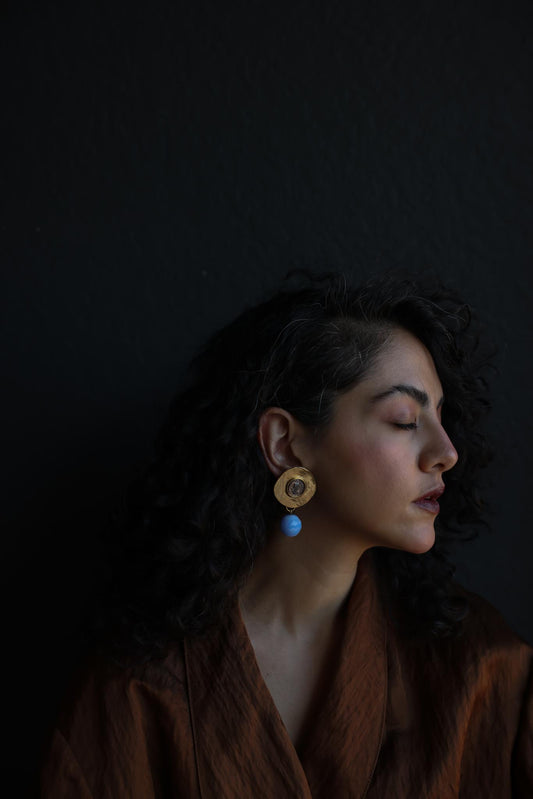 Matte Gold Blue Drop Clip-On Earrings