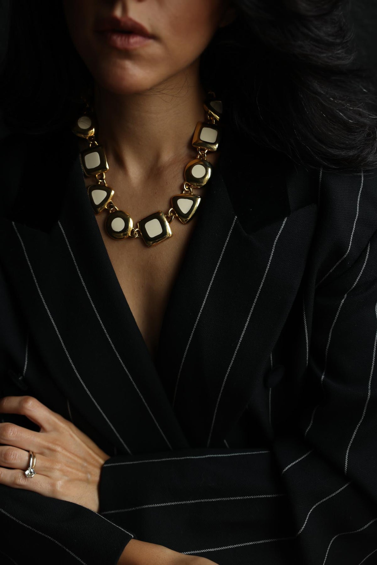 Gold Tone & Ivory Enamel Chunky Geometric Necklace