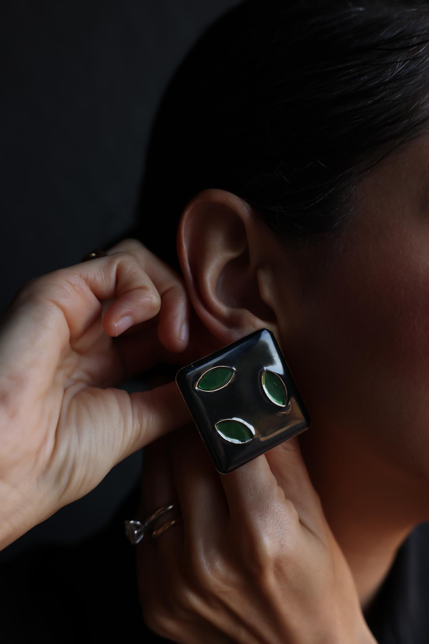 Black and Green Geometric Pierced Earrings|Vintage Baazaar 