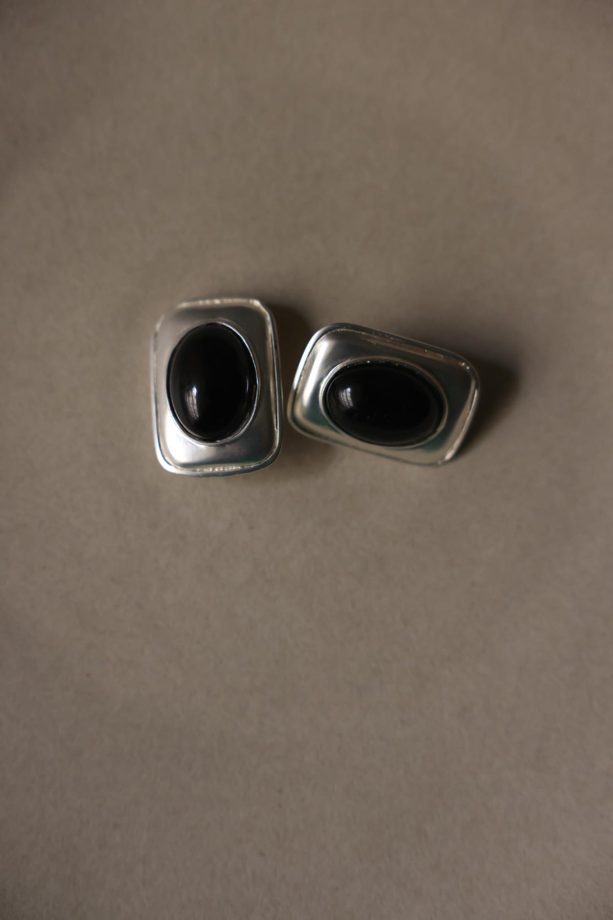 Silver Tone Rectangular Black Cabochon Clip-On Earrings