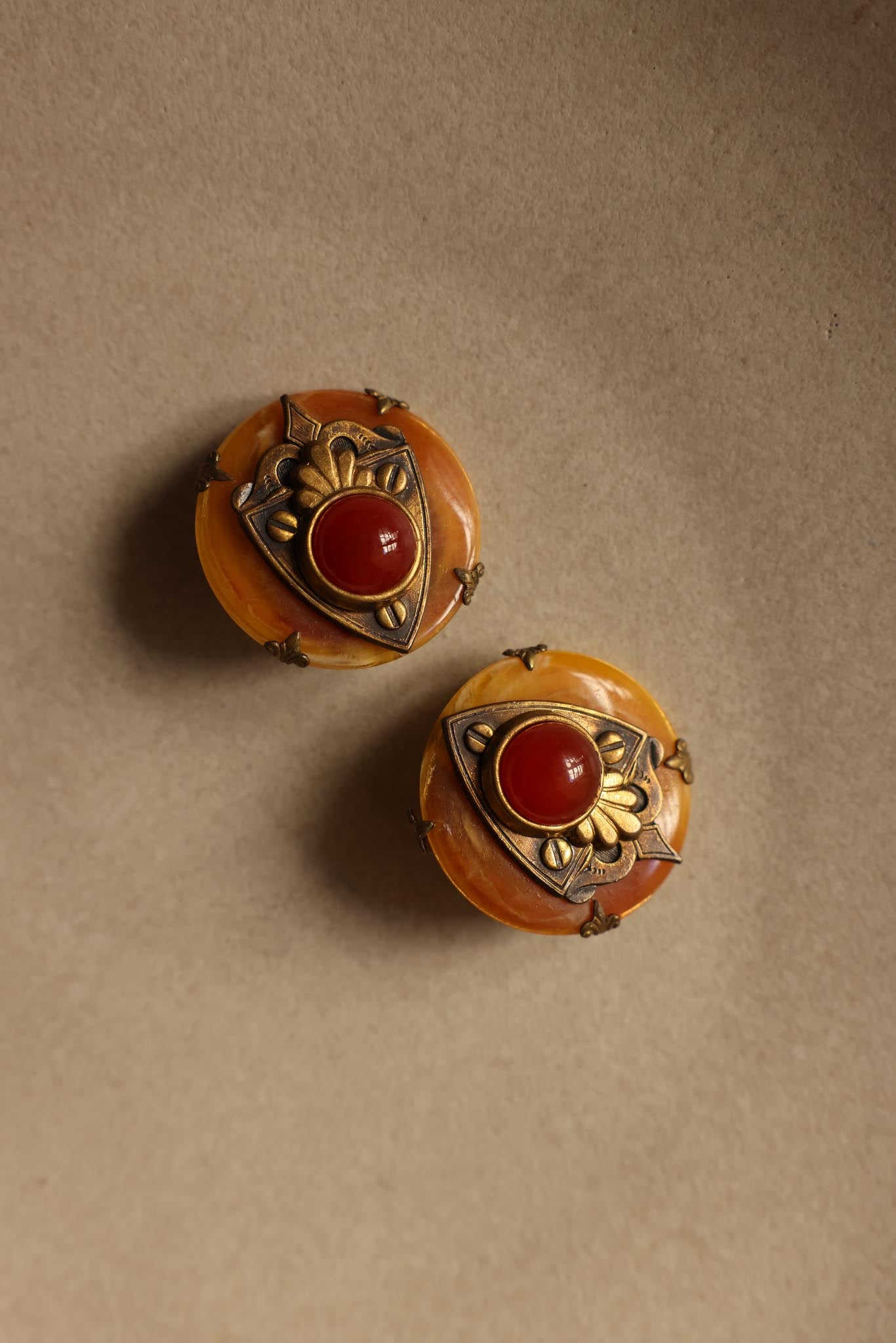 Shield Clip-On Earrings Amber and Brass|Vintage Baazaar 