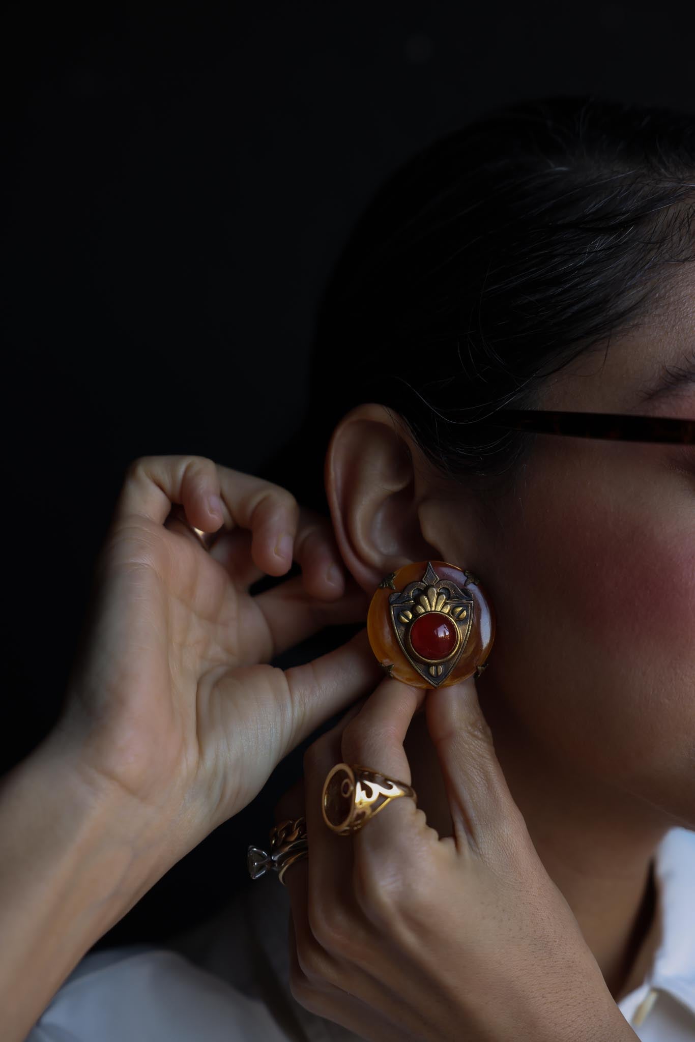 Shield Clip-On Earrings Amber and Brass|Vintage Baazaar 