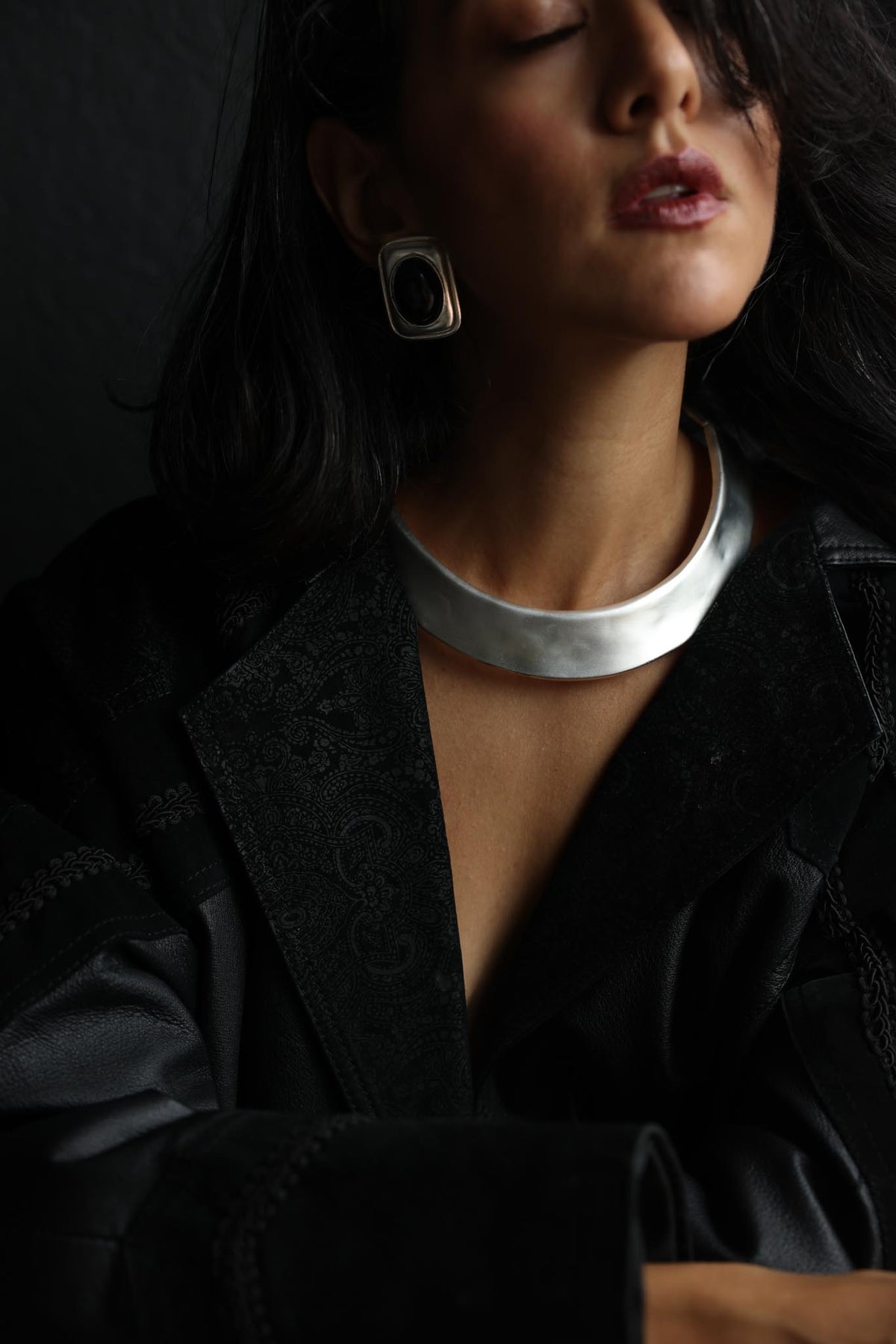 Silver Tone Rectangular Black Cabochon Clip-On Earrings