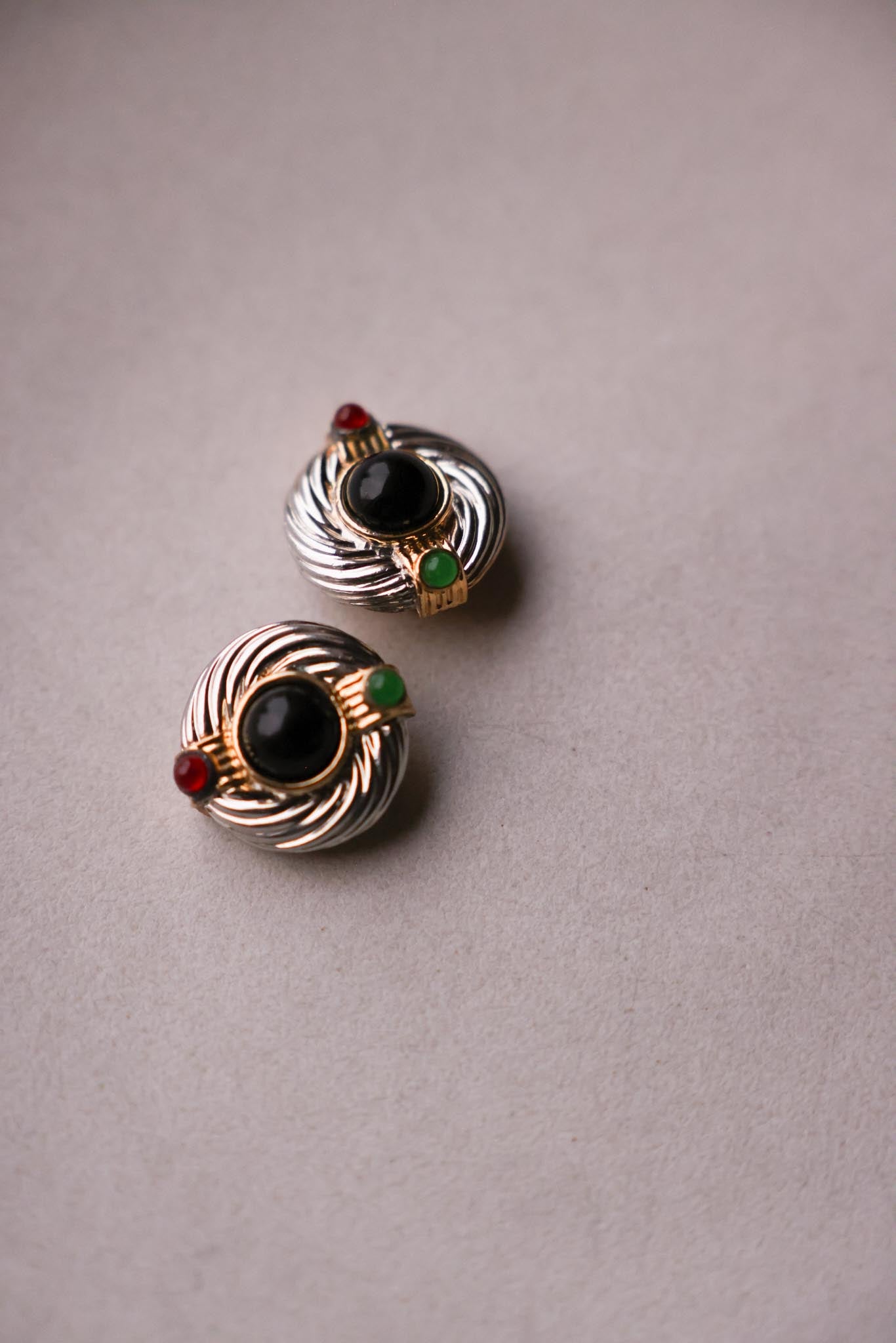 Two-Tone Black Clip-On Earrings with Red & Green Accents
