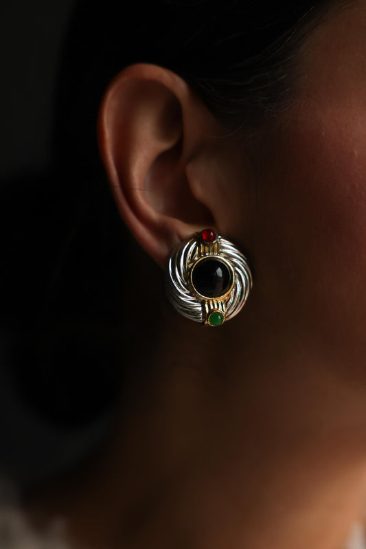 Two-Tone Black Clip-On Earrings with Red & Green Accents