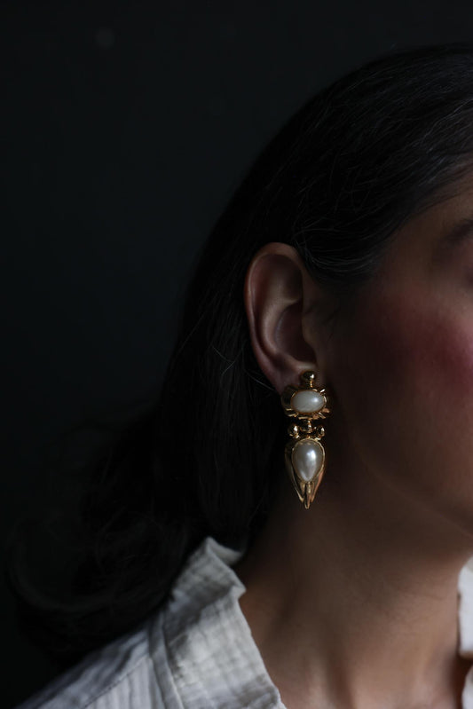 Gold Tone Faux Pearl Drop Clip-On Earrings
