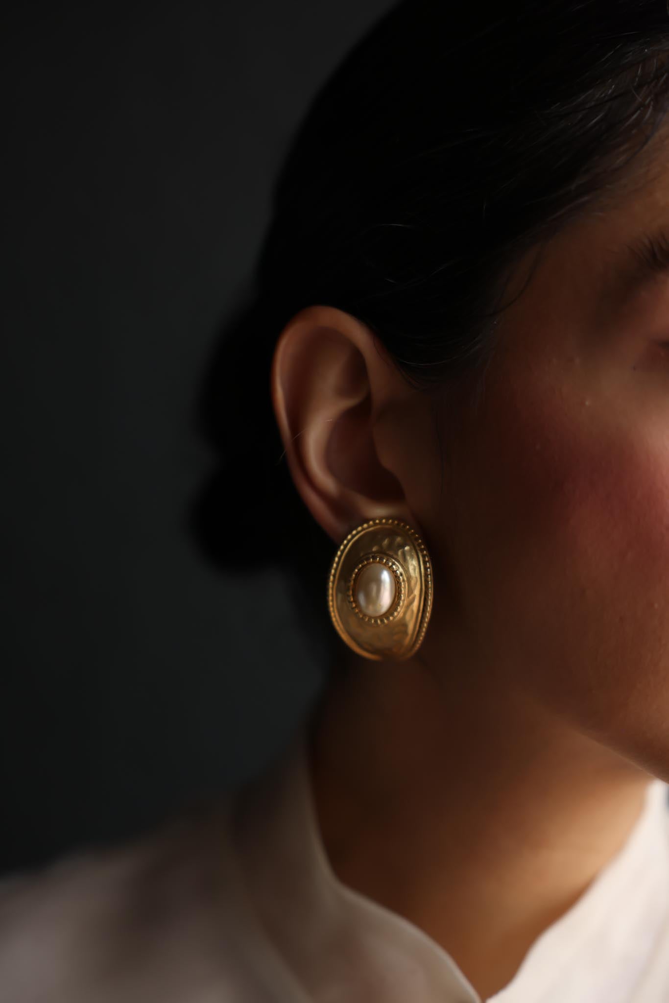Matte Gold Embossed Clip-On Earrings with Faux Pearls|Vintage Baazaar 