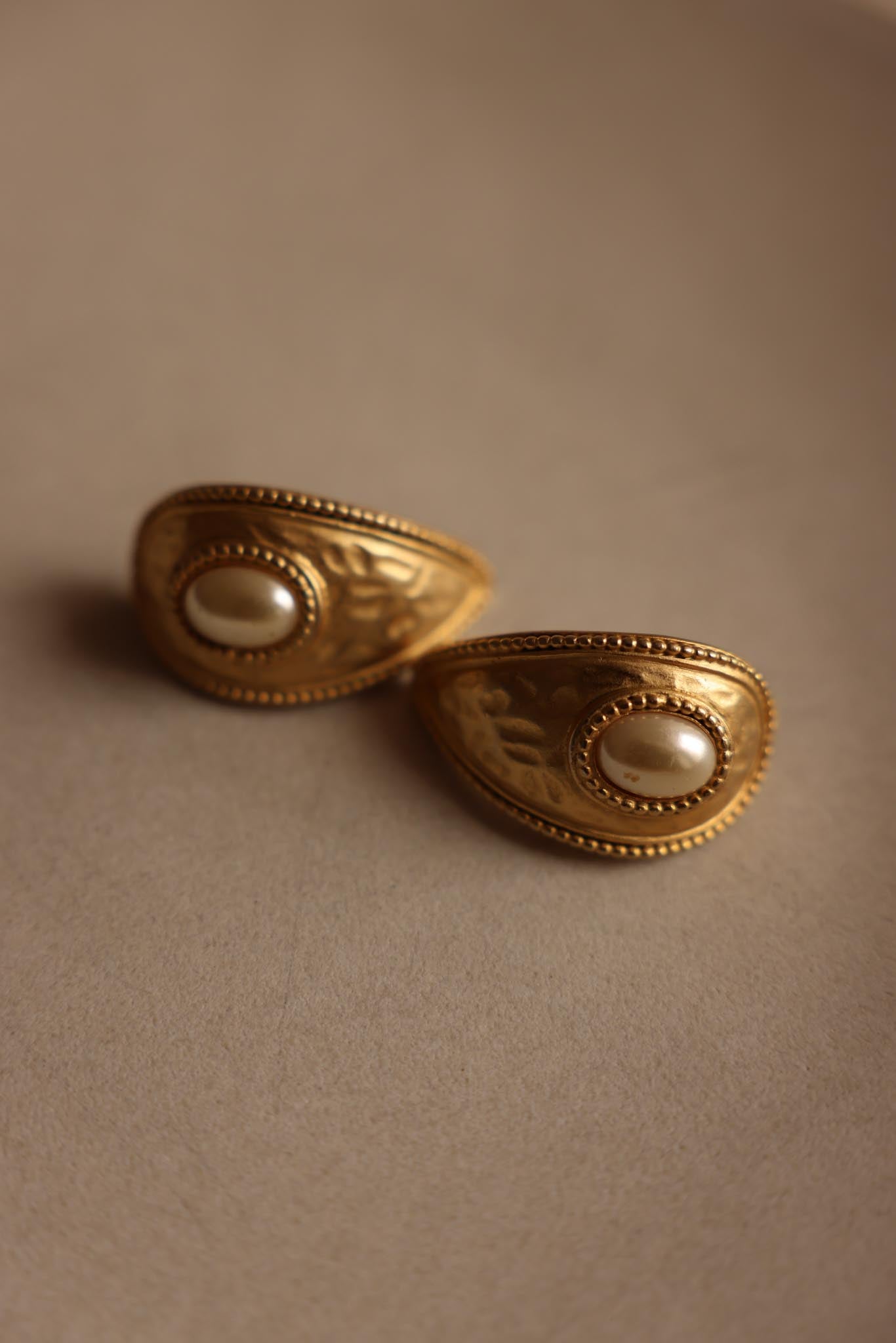 Matte Gold Embossed Clip-On Earrings with Faux Pearls|Vintage Baazaar 