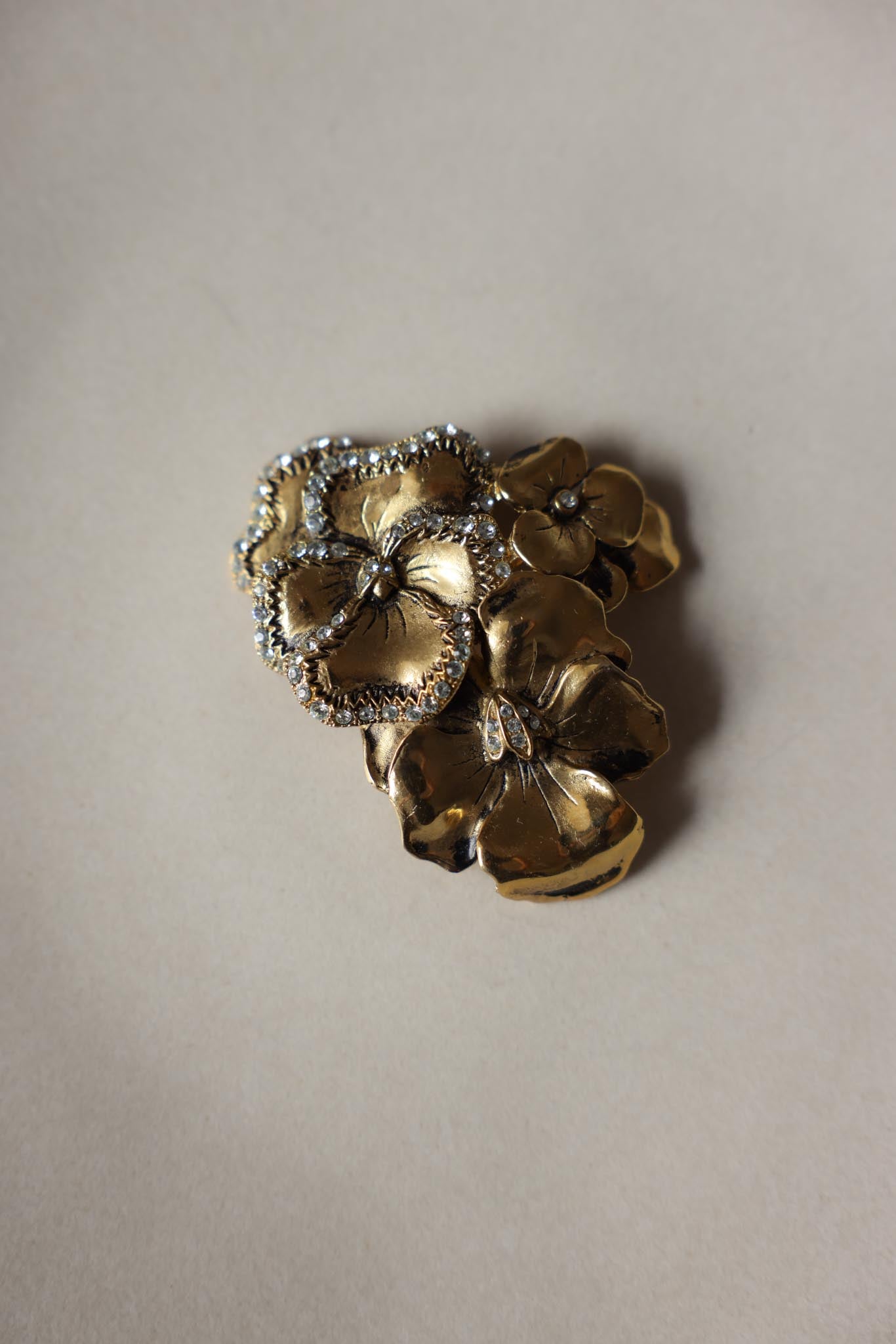 Gold Tone Rhinestone Flower Brooch