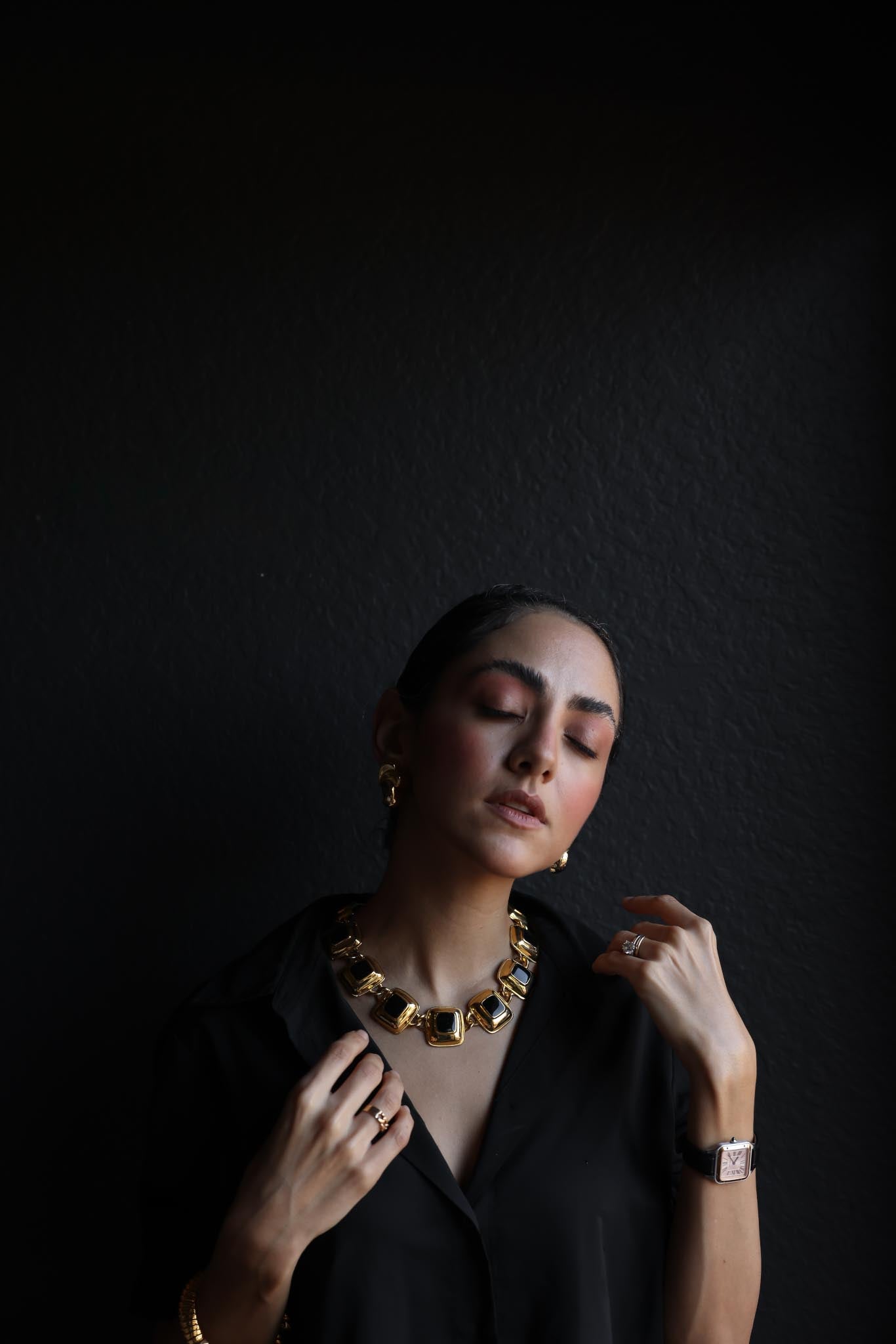 Gold-Toned and Black Enamel Geometric Statement Necklace|Vintage Baazaar 
