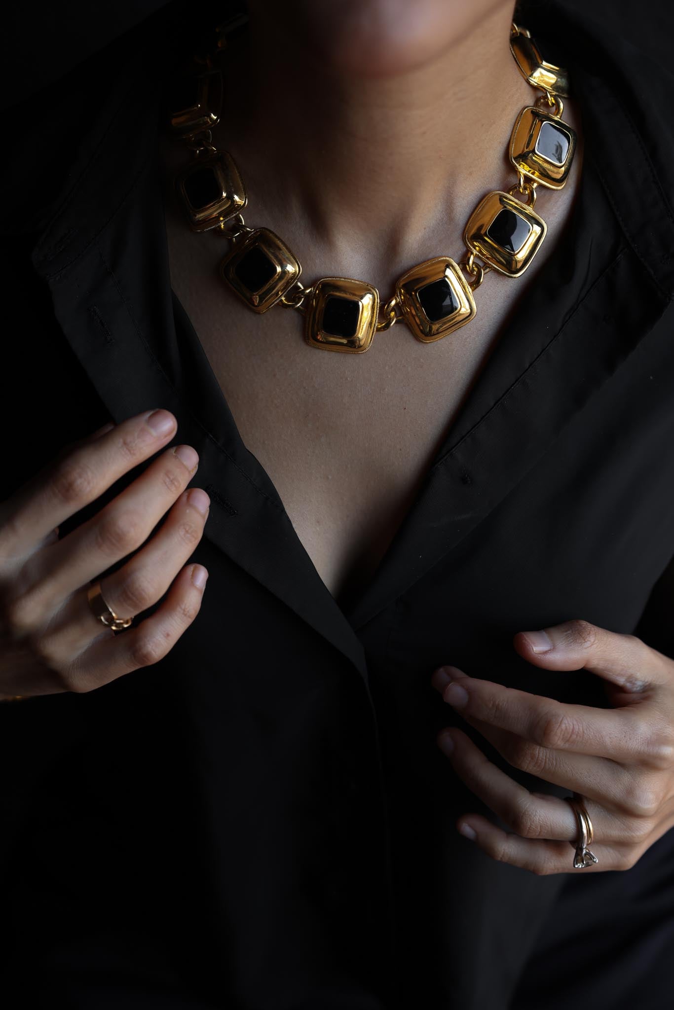 Gold-Toned and Black Enamel Geometric Statement Necklace|Vintage Baazaar 