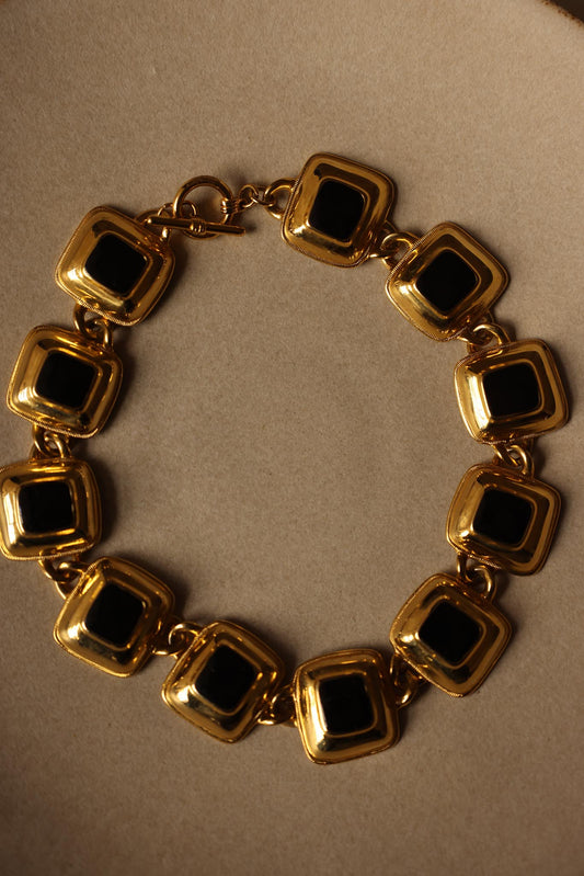 Gold-Toned and Black Enamel Geometric Statement Necklace