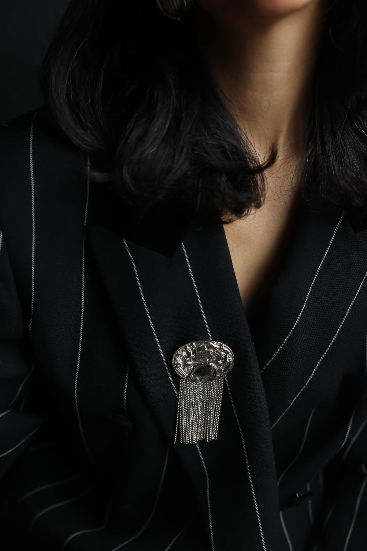 Silver Tone Oval Chain Fringe Brooch|Vintage Baazaar 