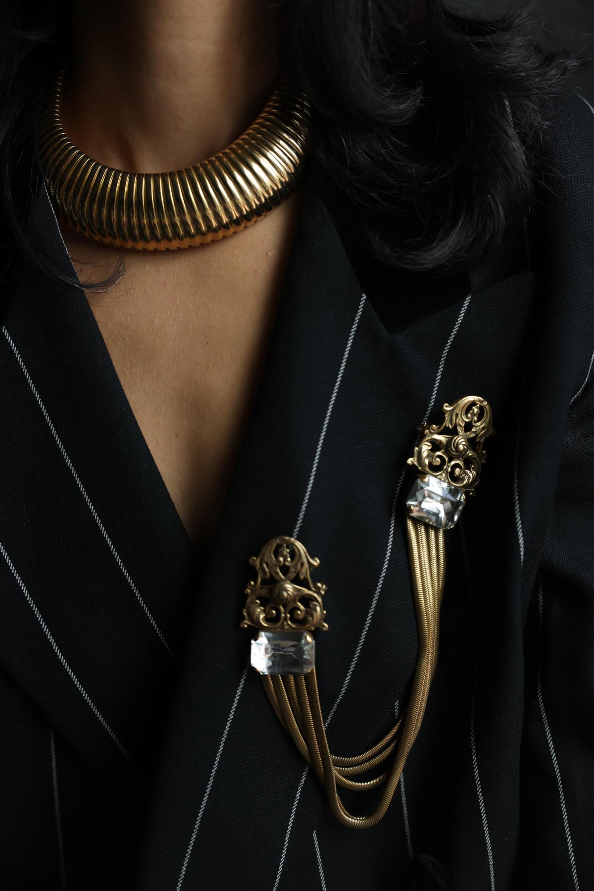Antiqued Gold Tone Rhinestone Sweater Chain Brooch