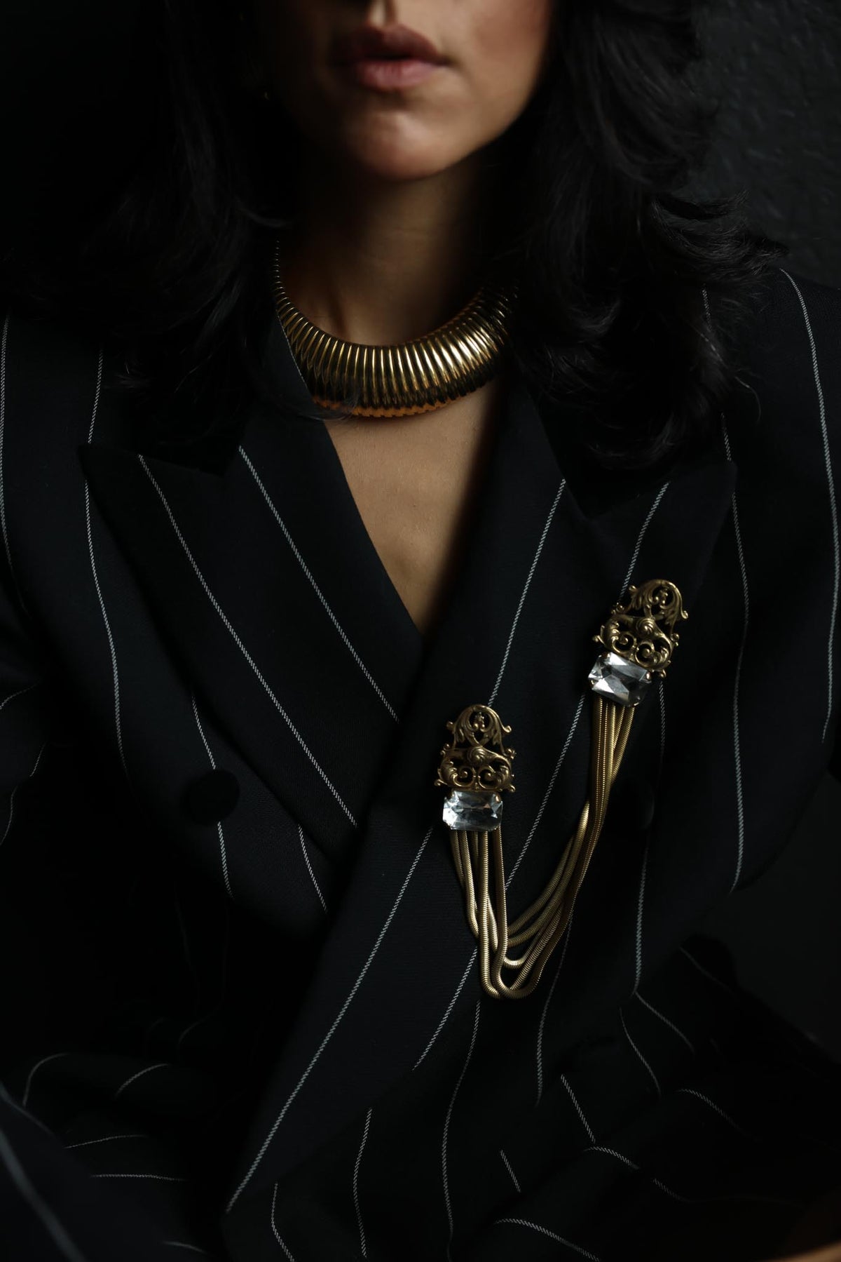 Antiqued Gold Tone Rhinestone Sweater Chain Brooch