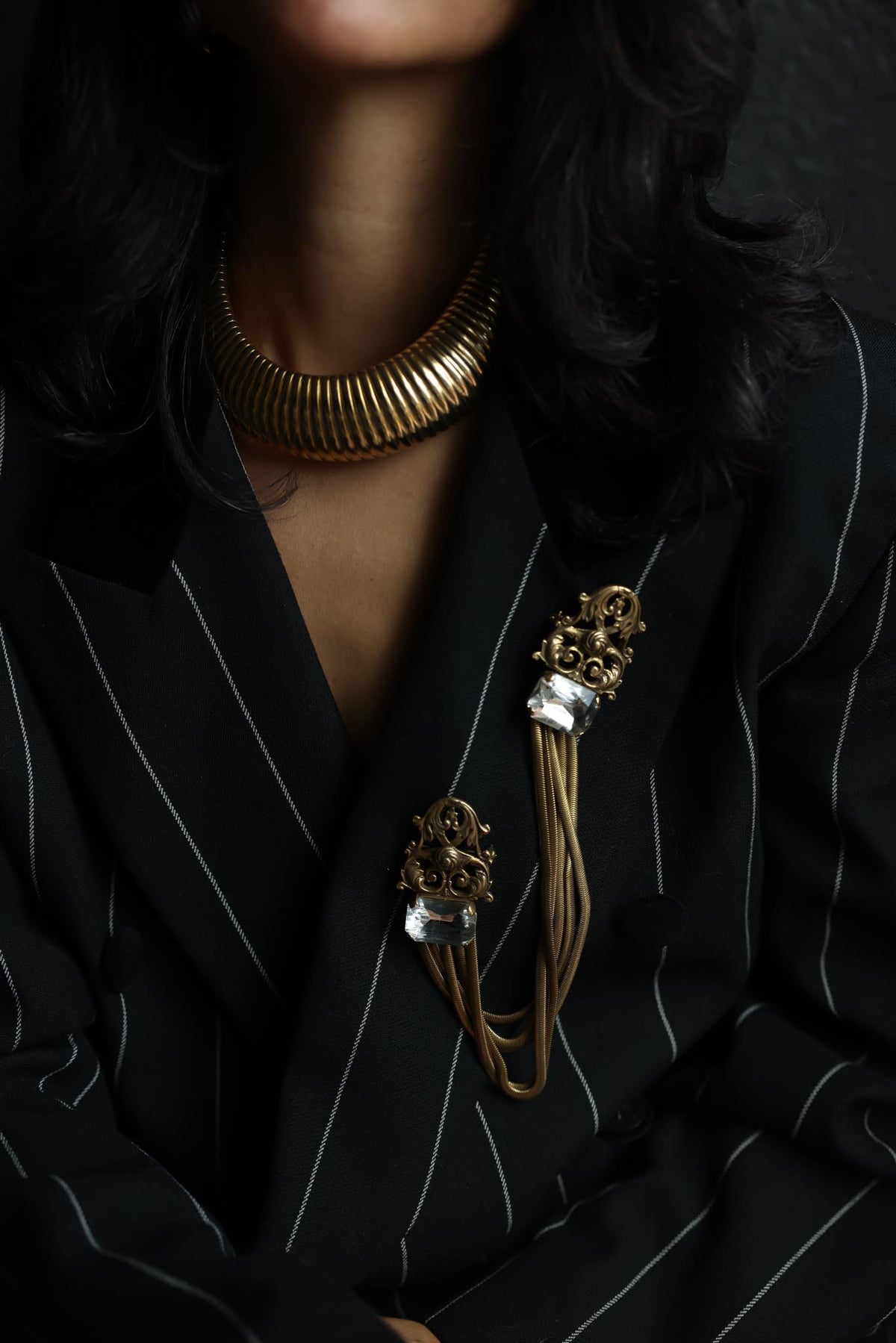Antiqued Gold Tone Rhinestone Sweater Chain Brooch