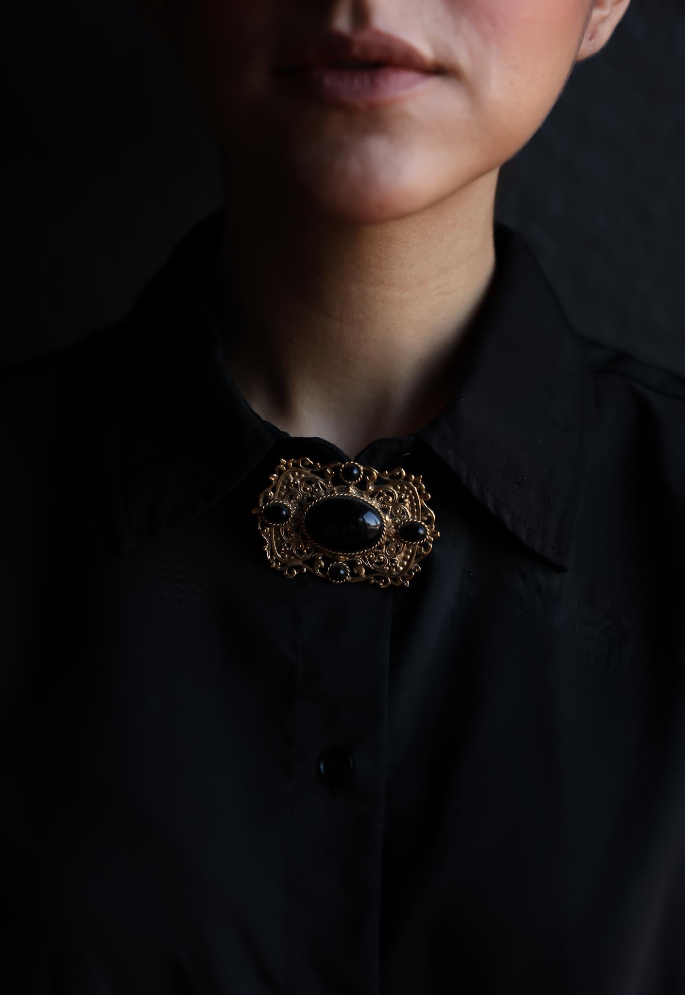 Ornate Gold-Toned Brooch with Black Cabochons|Vintage Baazaar 