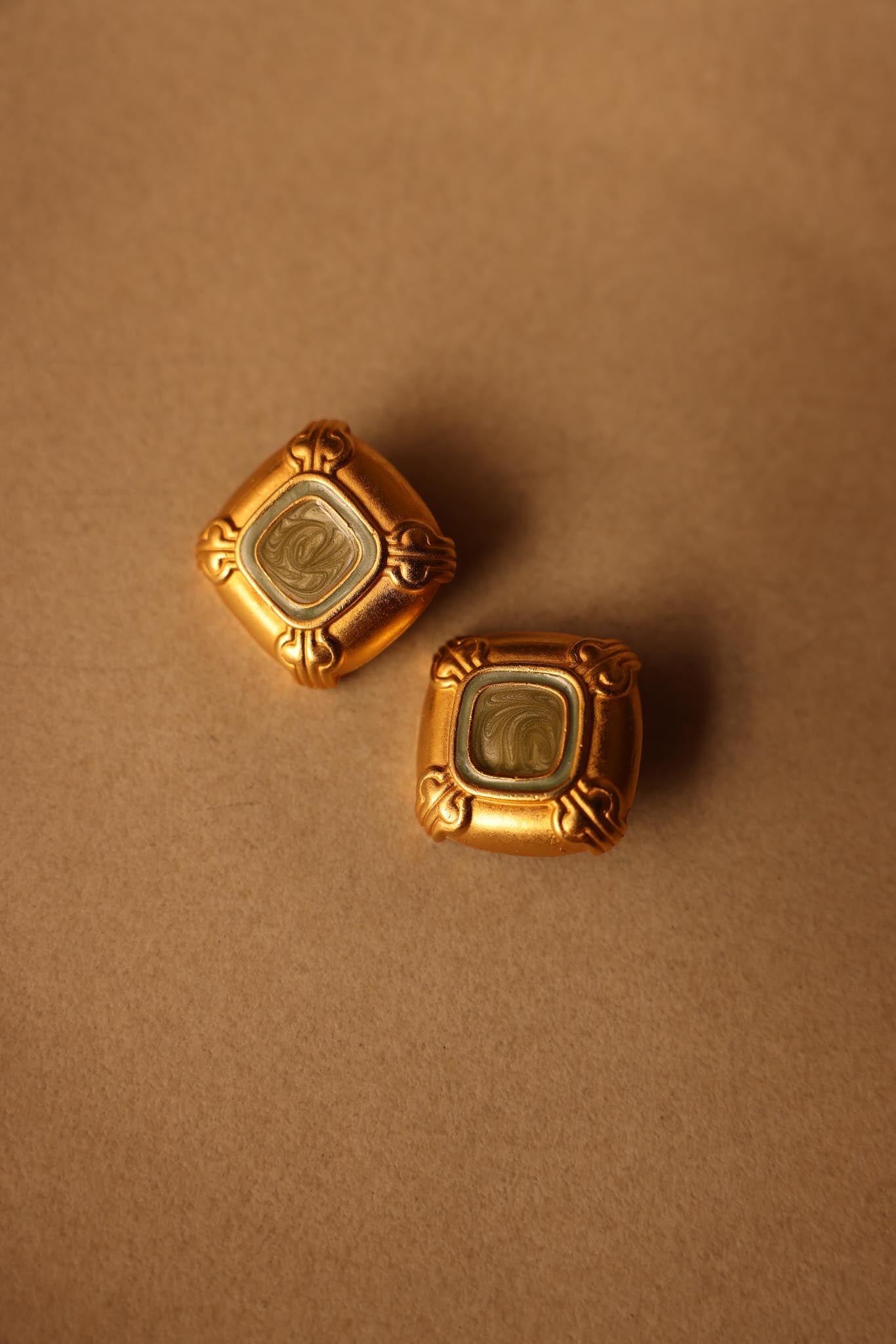 Matte Gold and Green Enamel Clip-On Earrings|Vintage Baazaar 