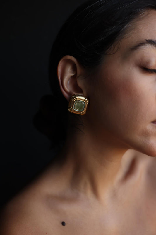 Matte Gold and Green Enamel Clip-On Earrings|Vintage Baazaar 