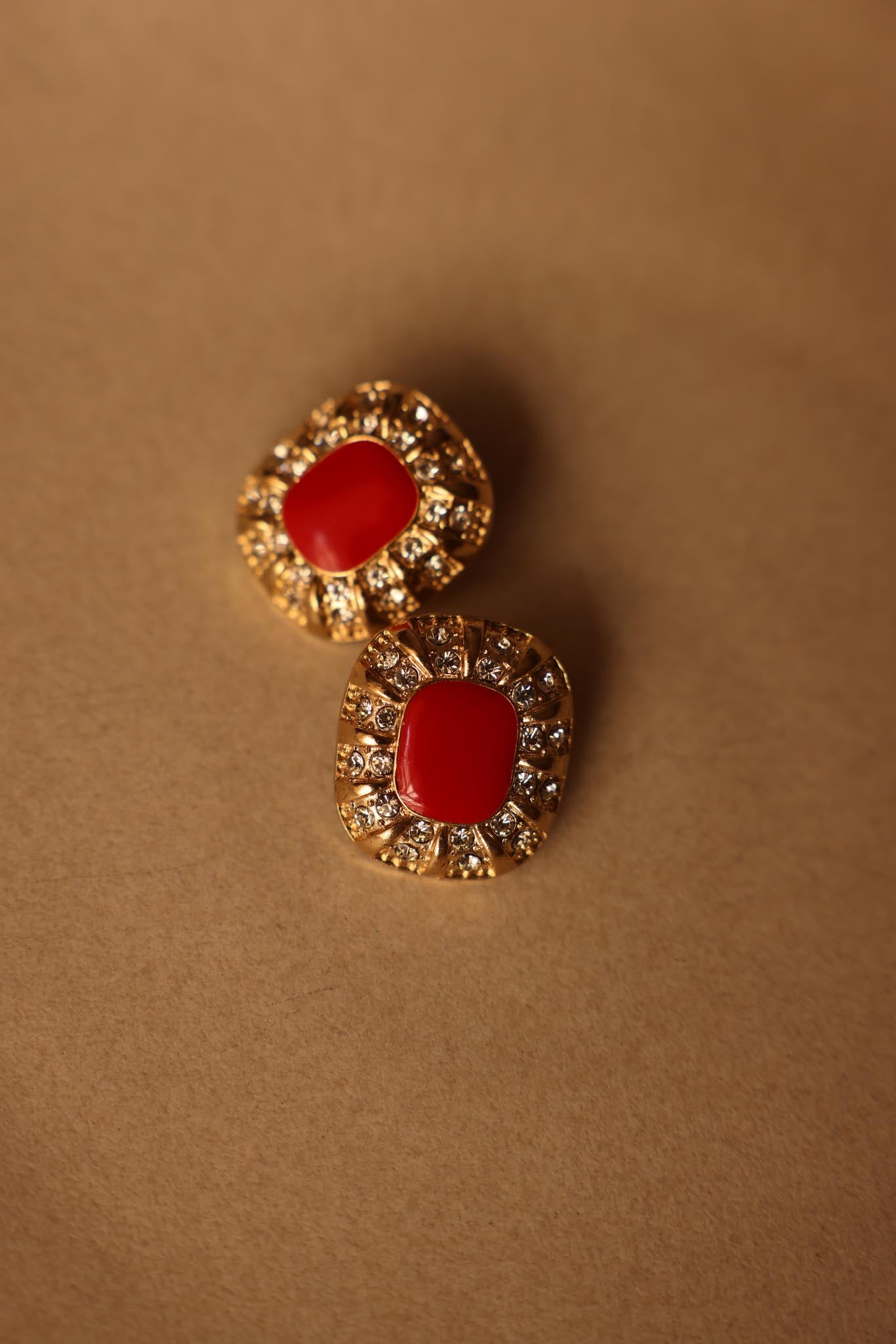 Red Enamel and Rhinestone Pierced Earrings|Vintage Baazaar 