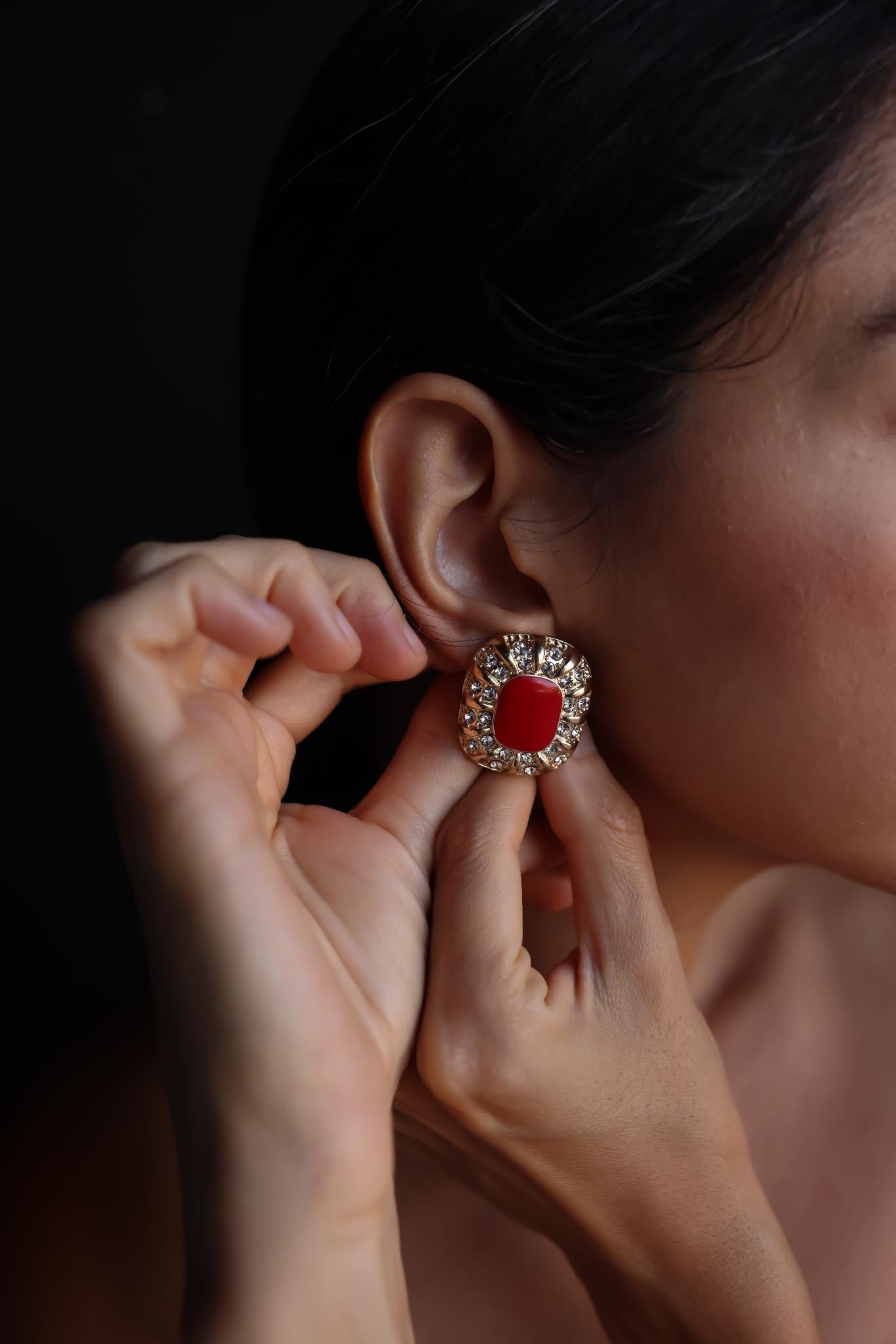 Red Enamel and Rhinestone Pierced Earrings|Vintage Baazaar 